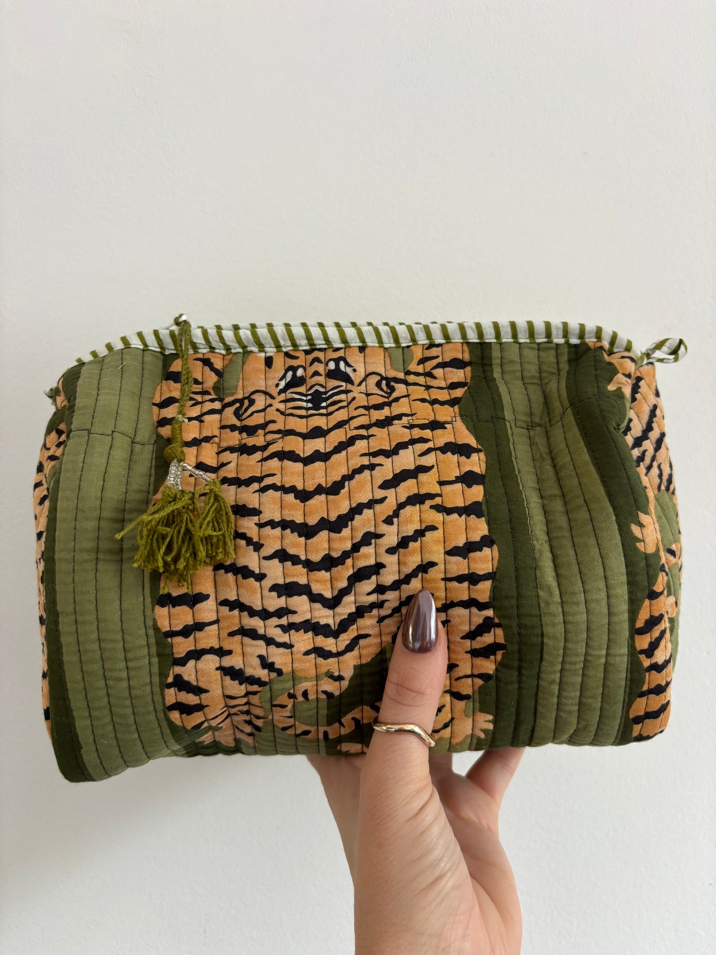 Green Stripes Tiger Large Quilted Tote Bag