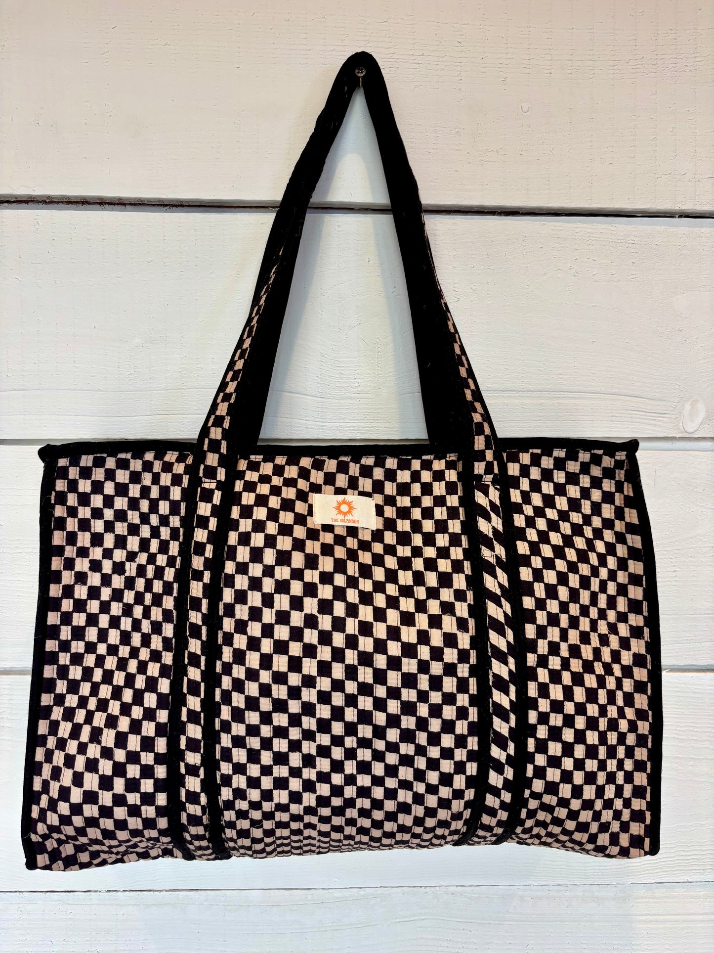 Black Checkerboard Large Zipped Tote Bag