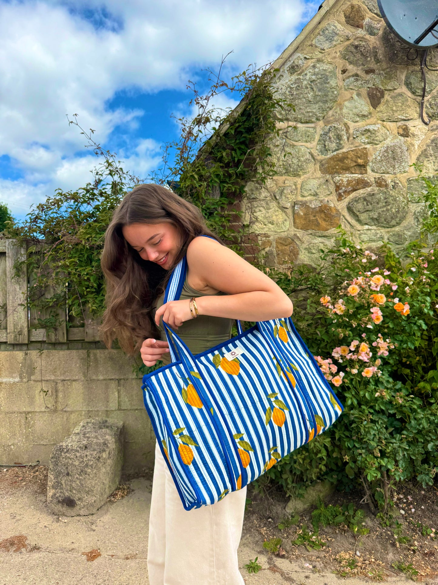 Blue Stripe Lemon Large Tote