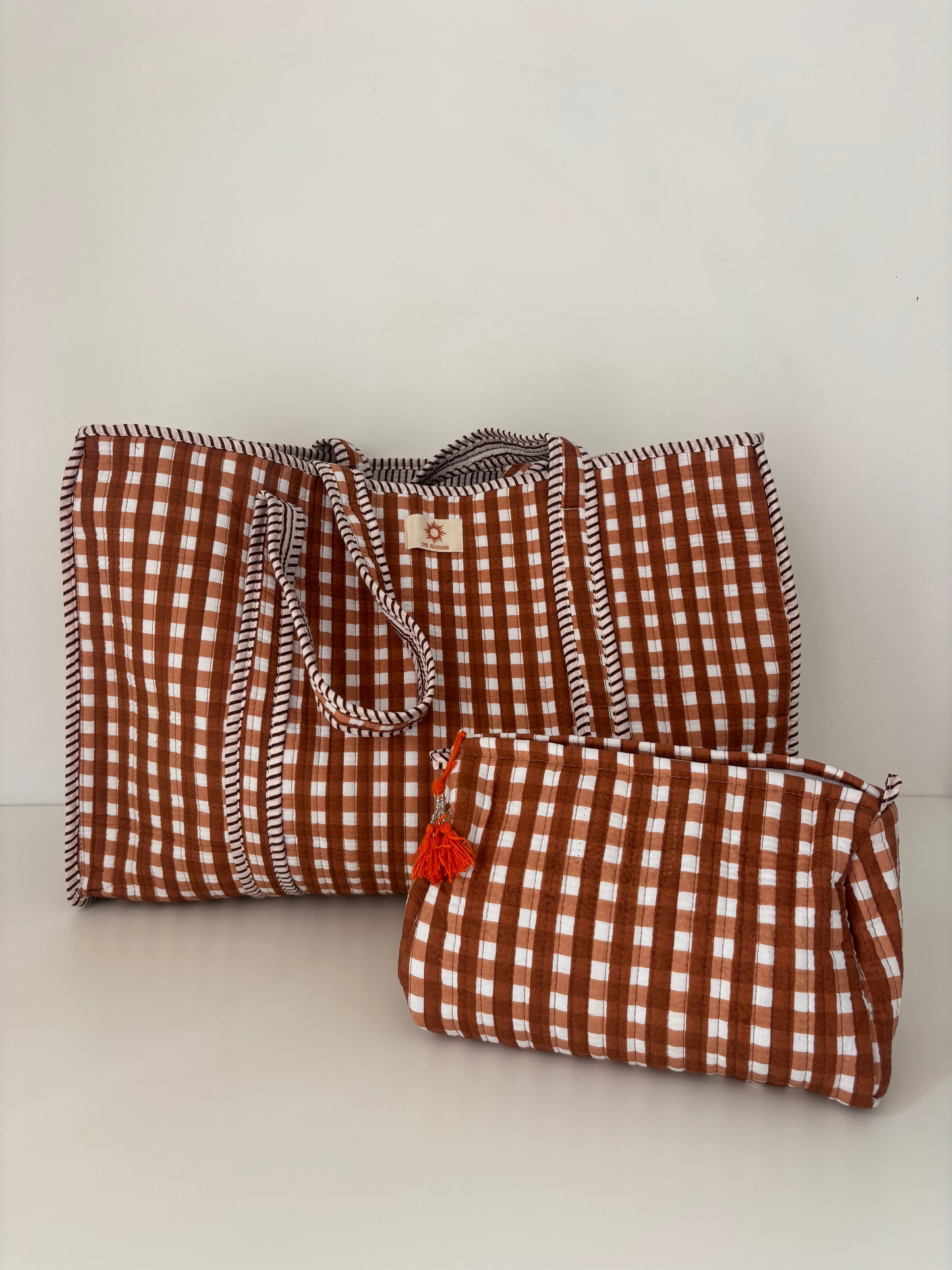 Brown Gingham Large Quilted Tote Bag Set (Reversible)