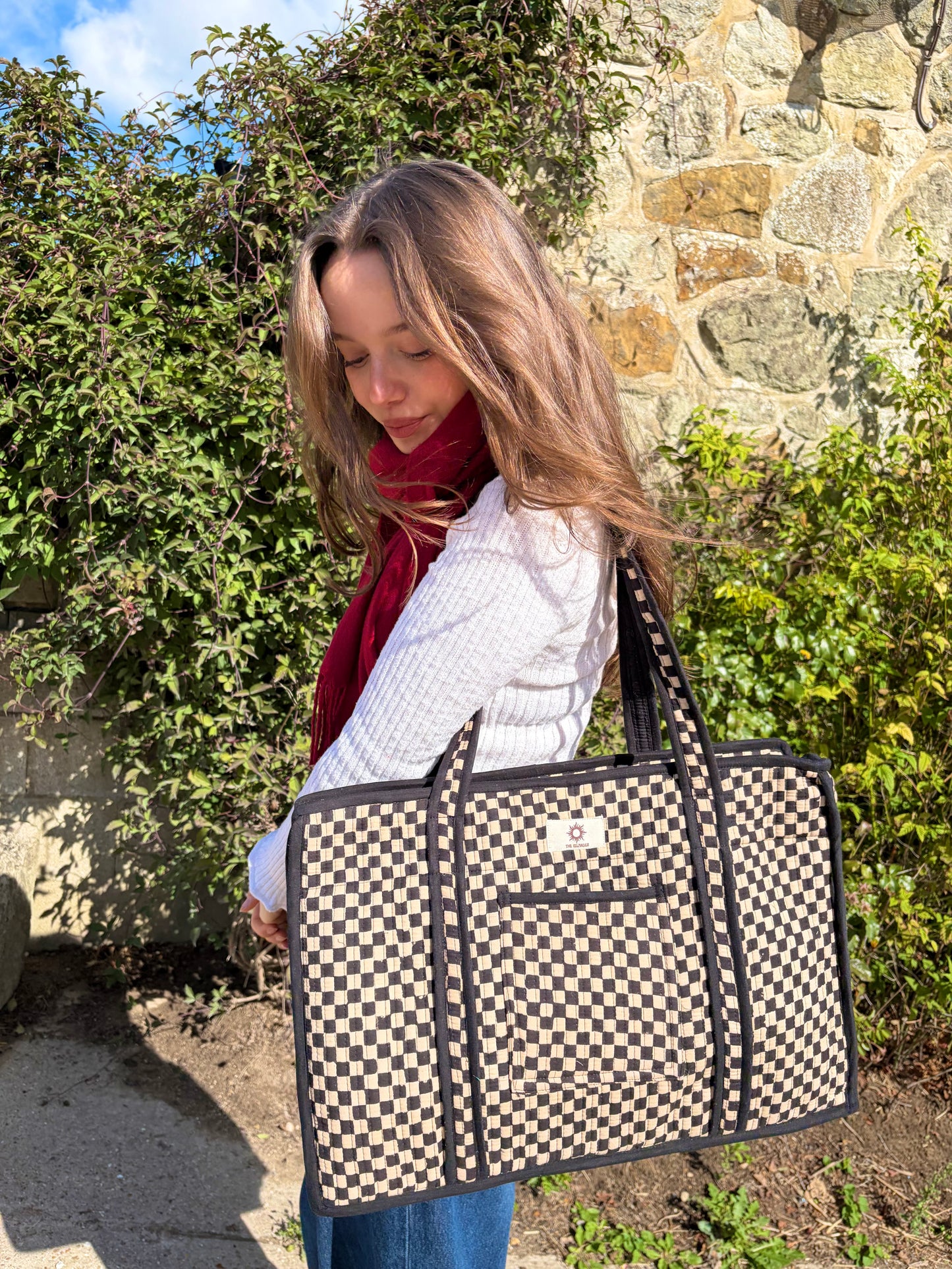 Black Checkerboard Compartment Organiser Tote