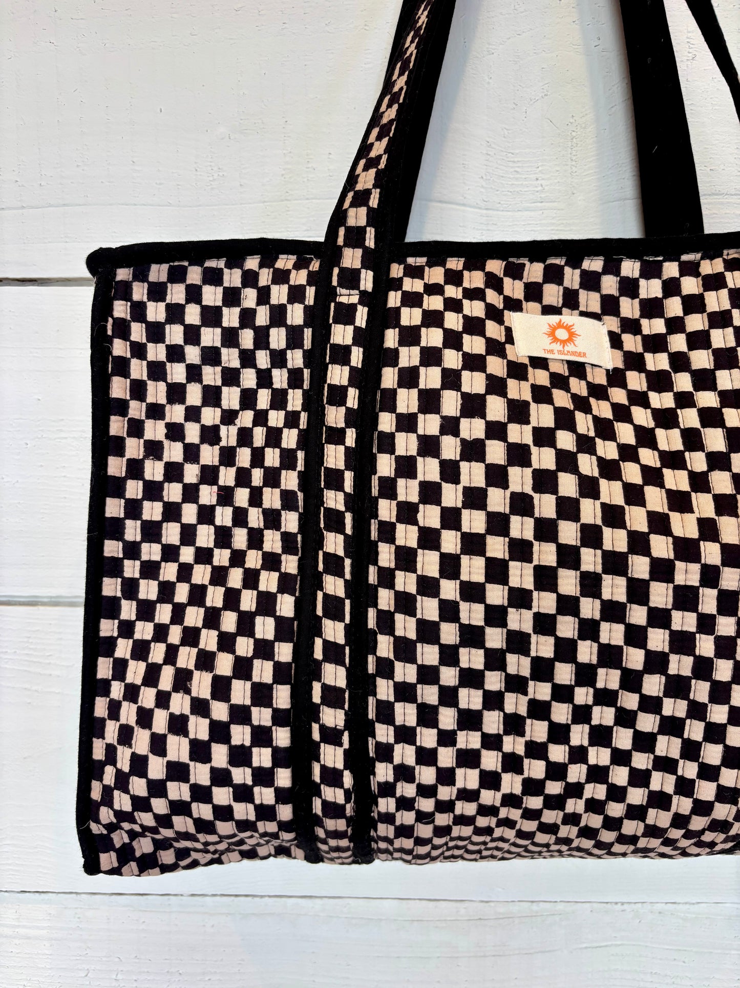 Black Checkerboard Large Zipped Tote Bag