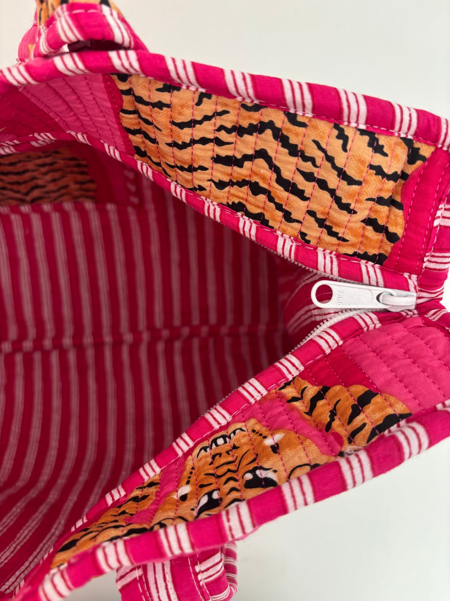 Pink Stripes Tiger Quilted Tote Bag