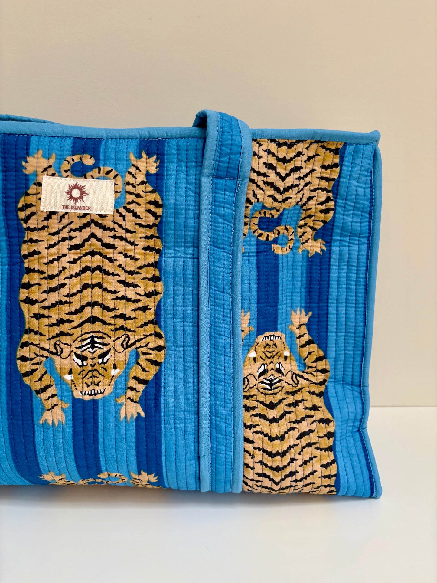Blue Stripes Tiger Large Tote Bag