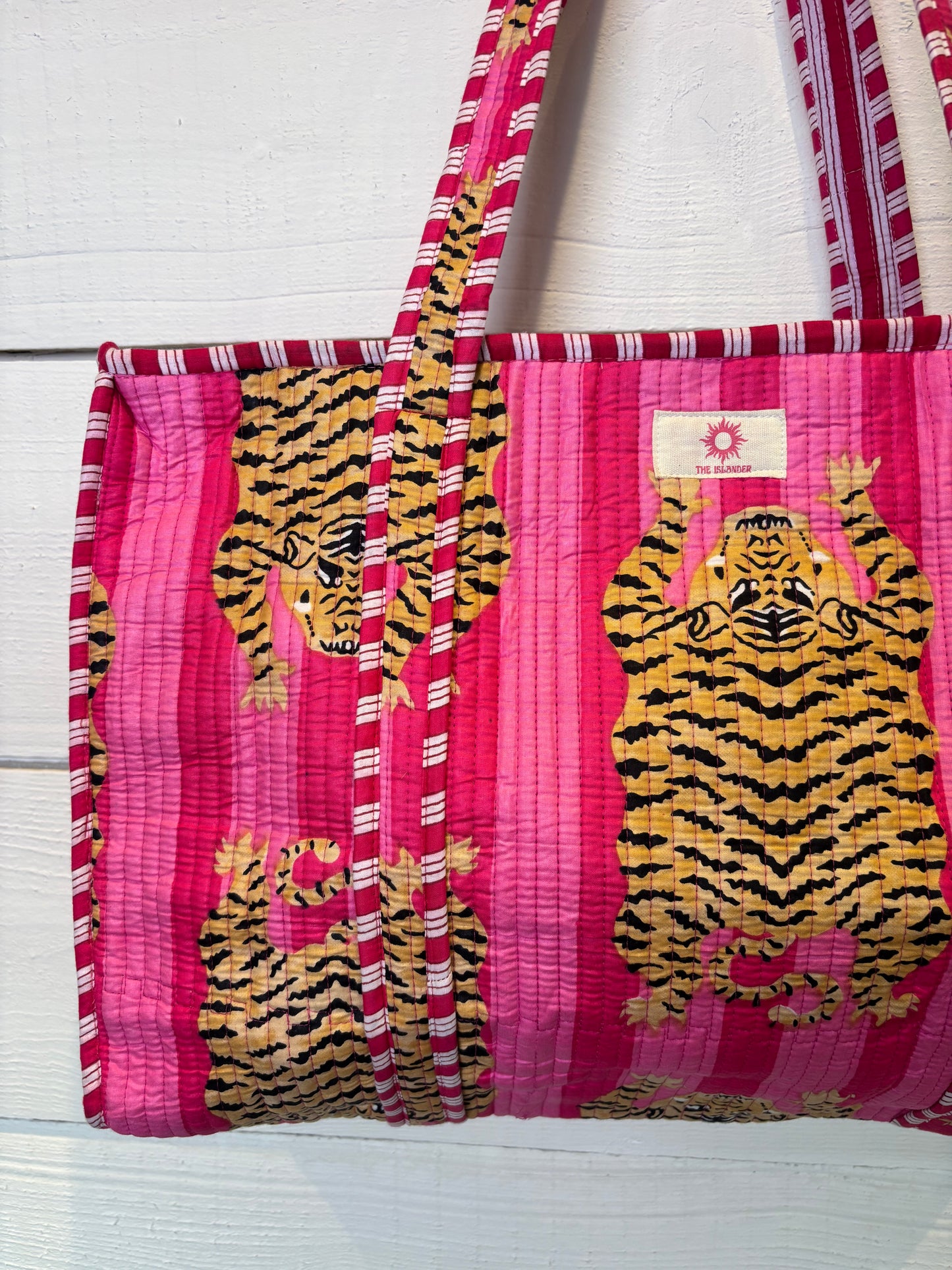 Pink Stripes Tiger Large Quilted Tote Bag