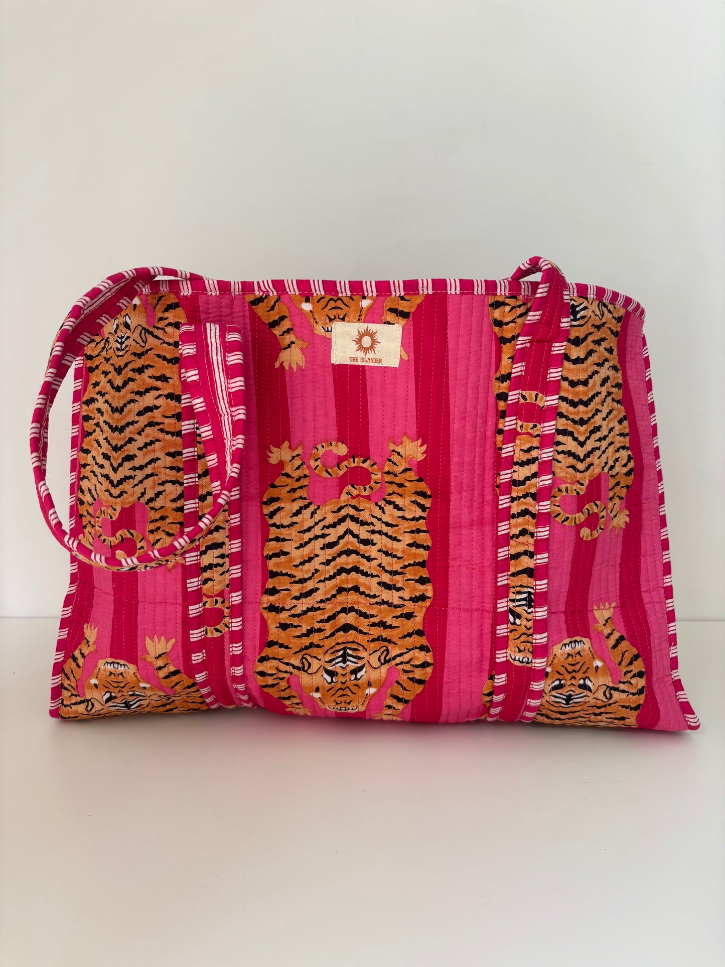 Pink Stripes Tiger Quilted Tote Bag