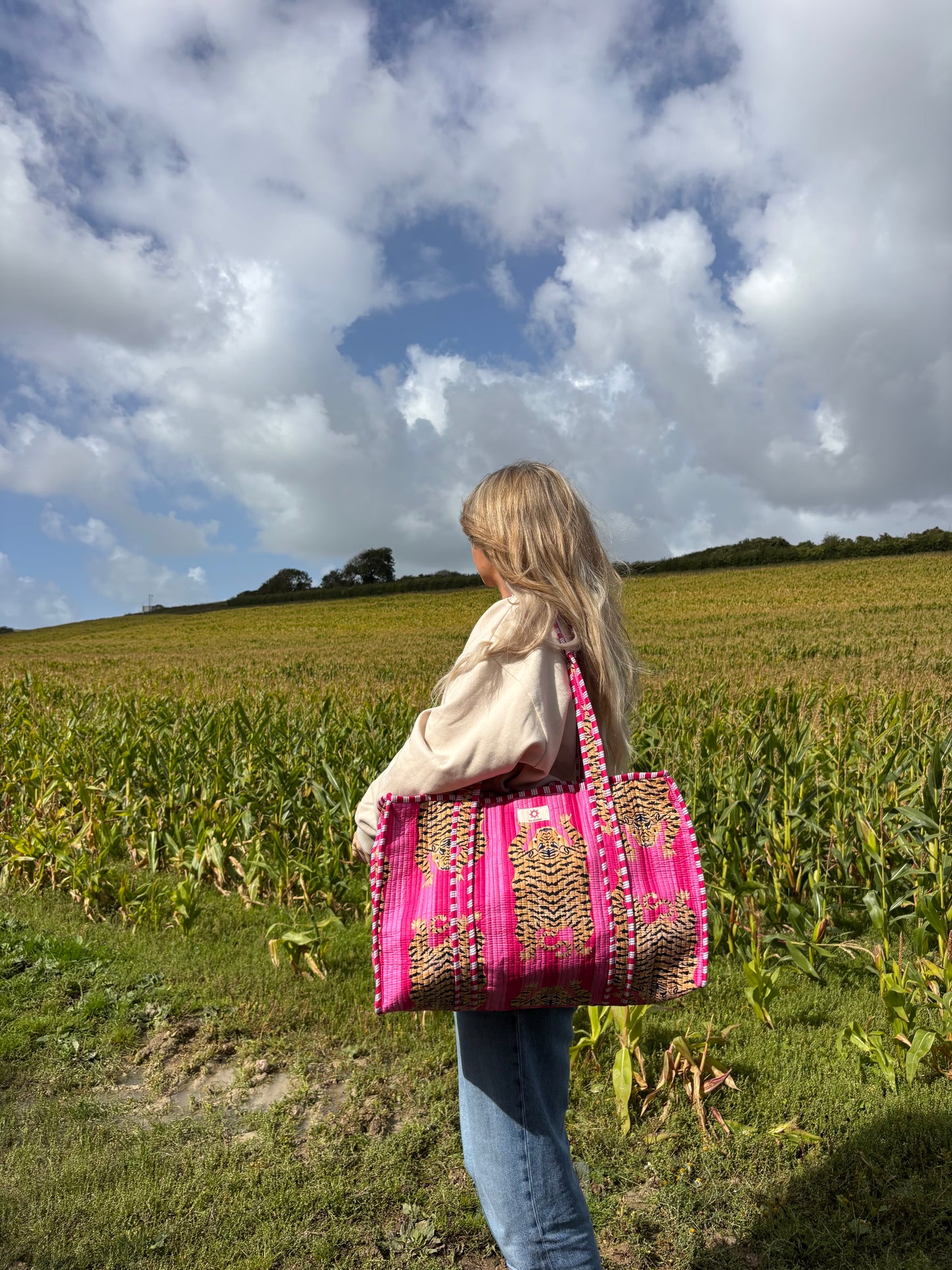 Pink Stripes Tiger Large Quilted Tote Bag