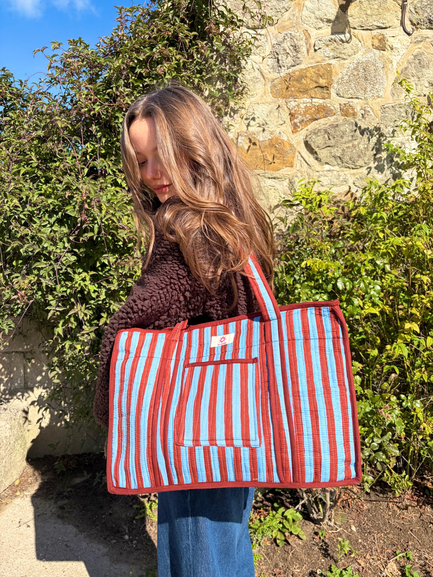Blue & Brown Stripes Compartment Organiser Tote