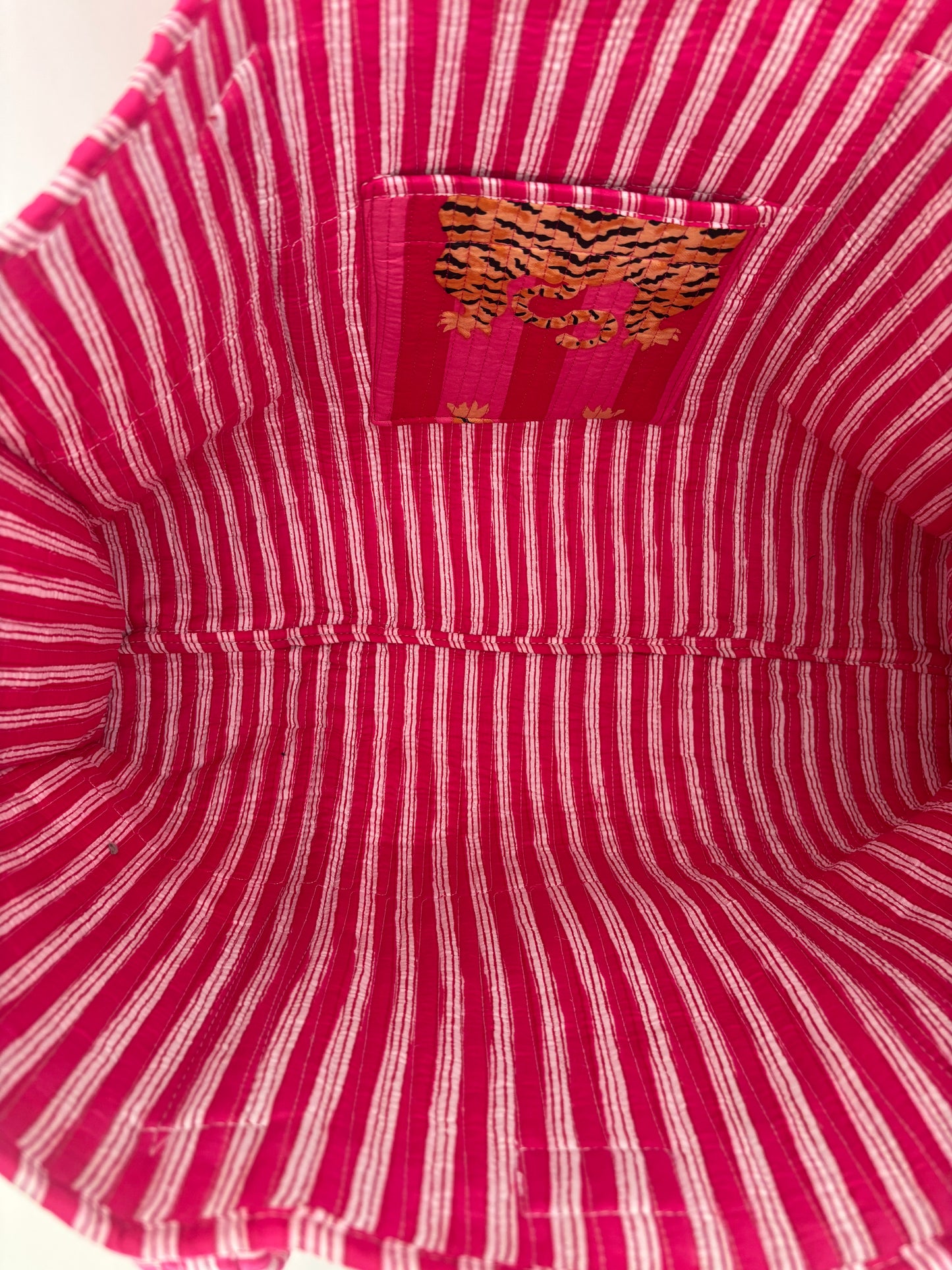 Pink Stripes Tiger Quilted Tote Bag