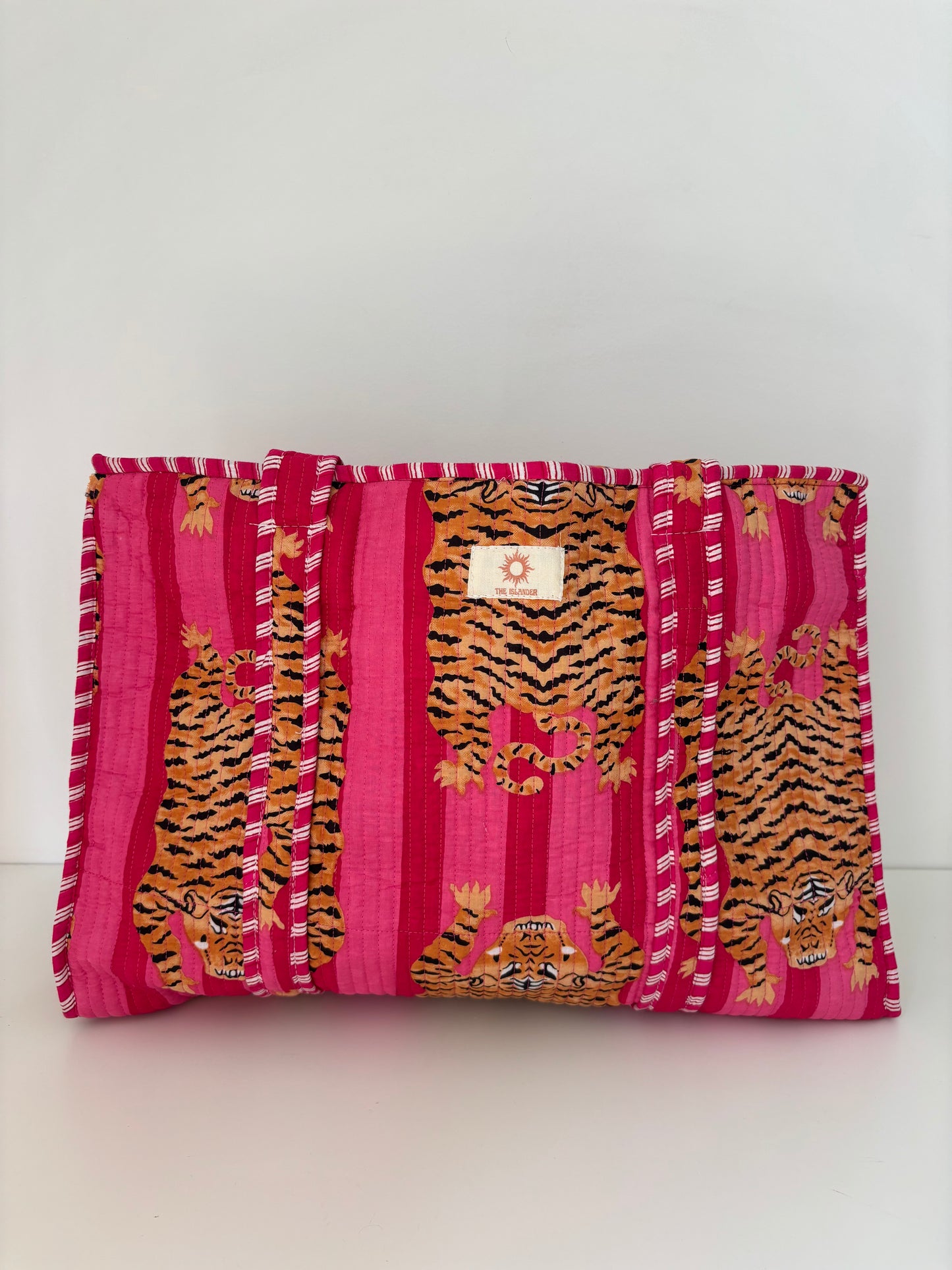 Pink Stripes Tiger Quilted Tote Bag