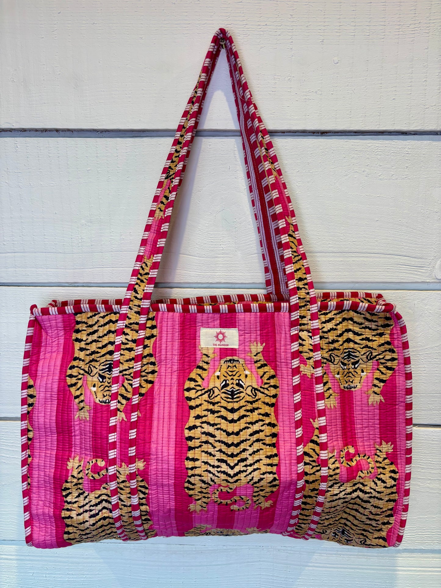 Pink Stripes Tiger Large Quilted Tote Bag