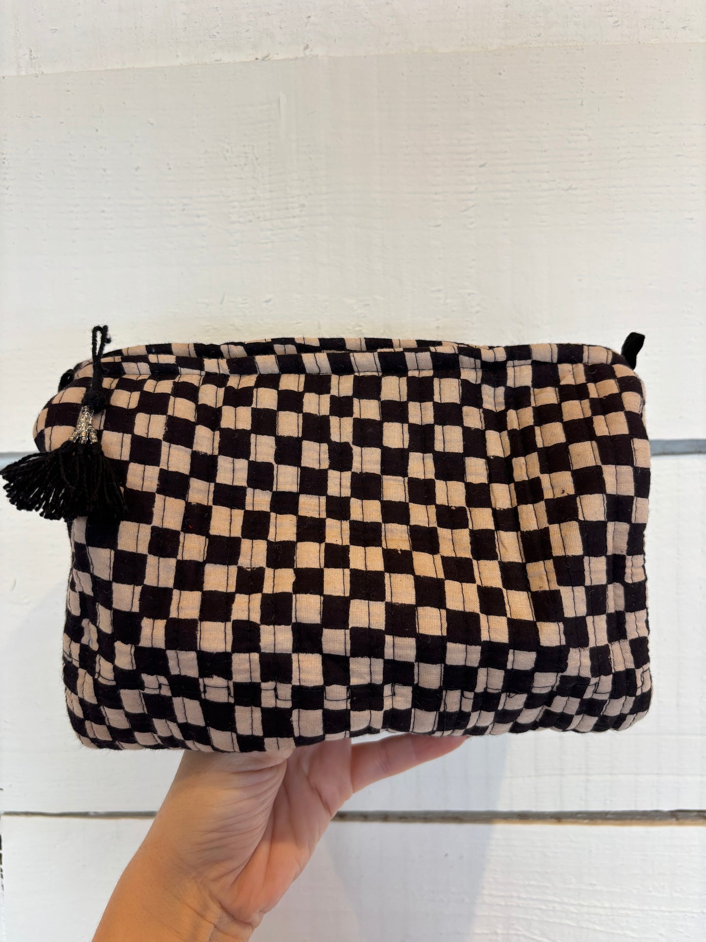 Black Checkerboard Large Zipped Tote Bag