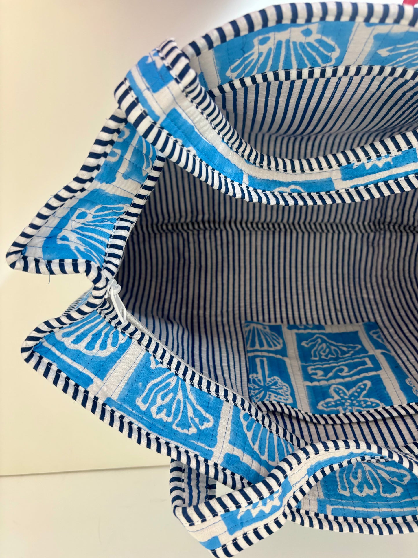Beach Block Print Quilted Tote Bag Set (With or Without Zip Fastening)