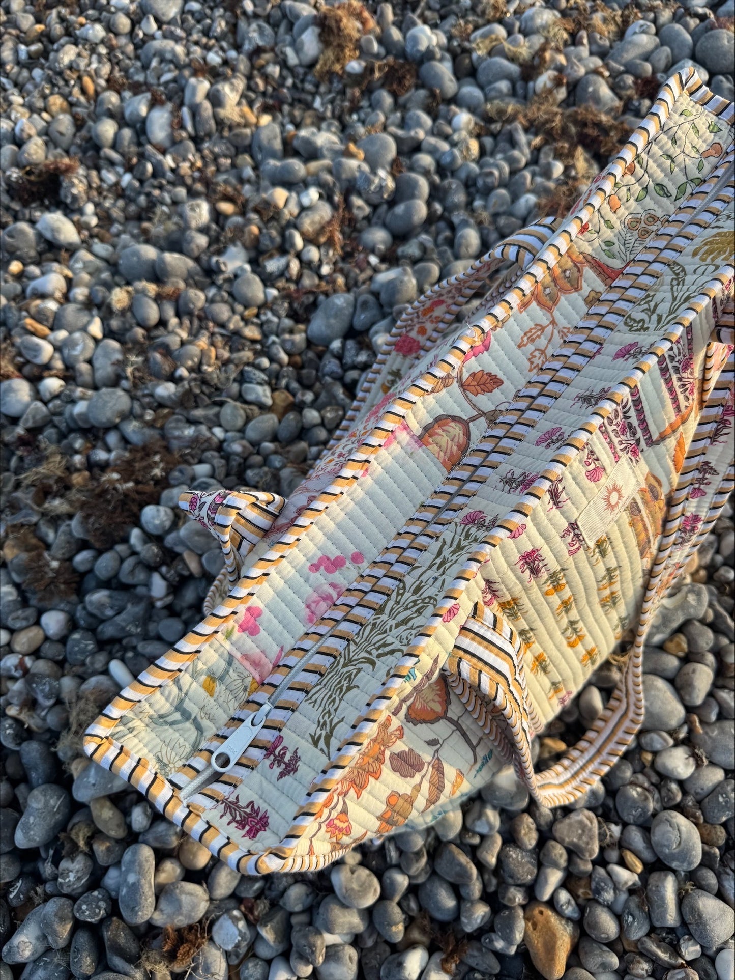 Cream Patchwork Quilted Zipped Tote Bag