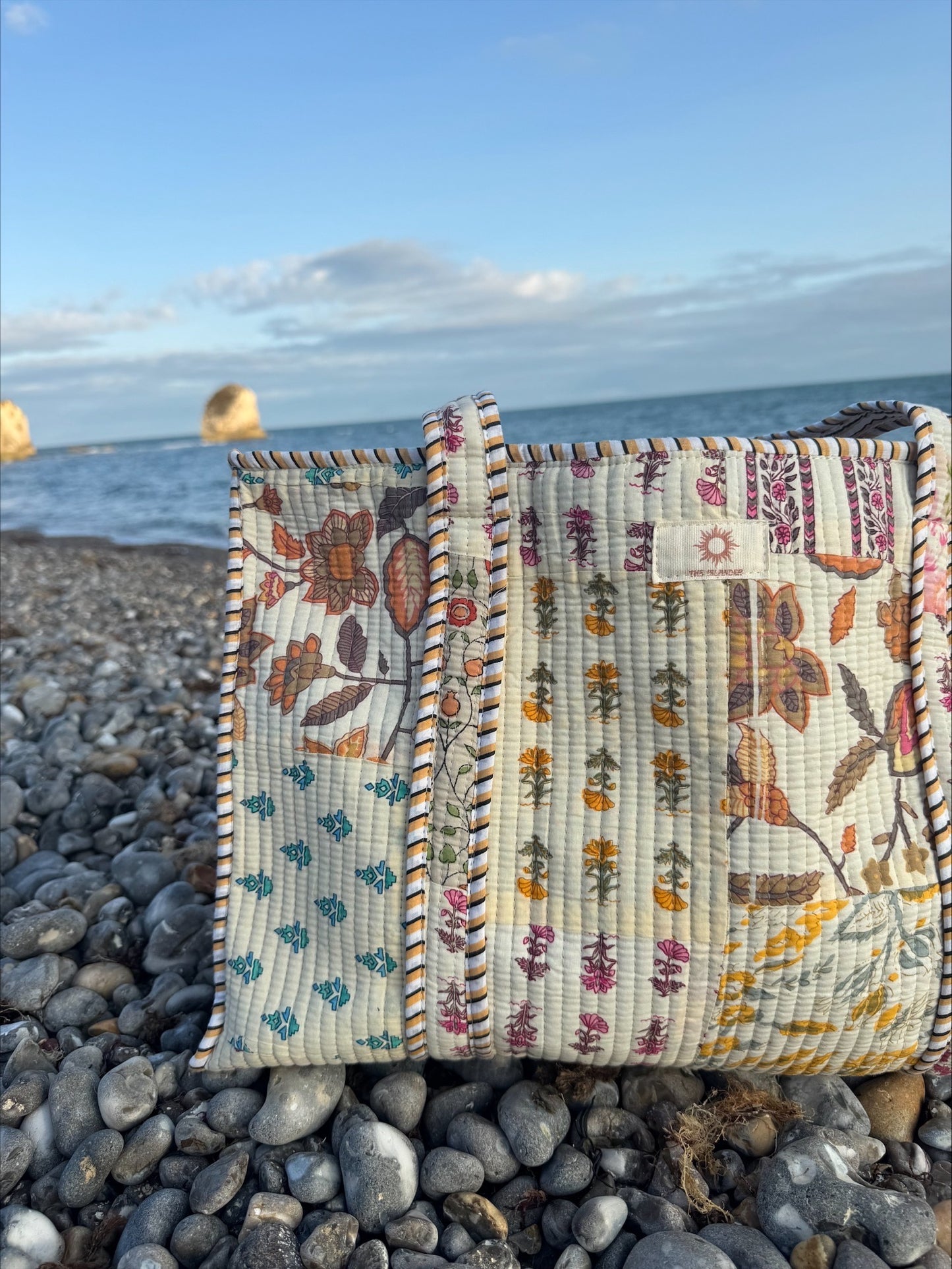 Cream Patchwork Quilted Zipped Tote Bag