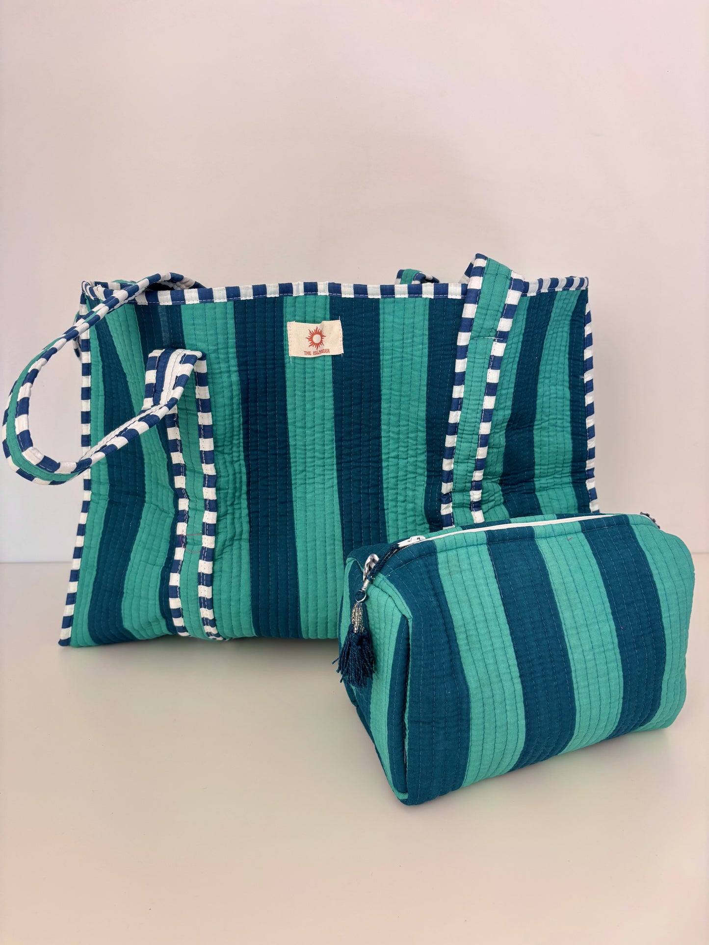 Teal & Navy Blue Stripes Quilted Tote Bag Set