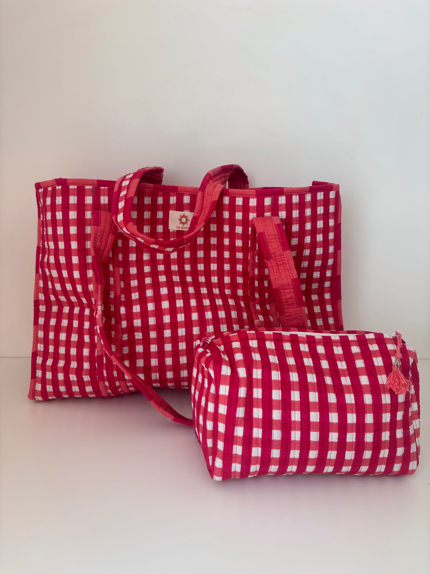 Pink Gingham Quilted Tote Bag Set