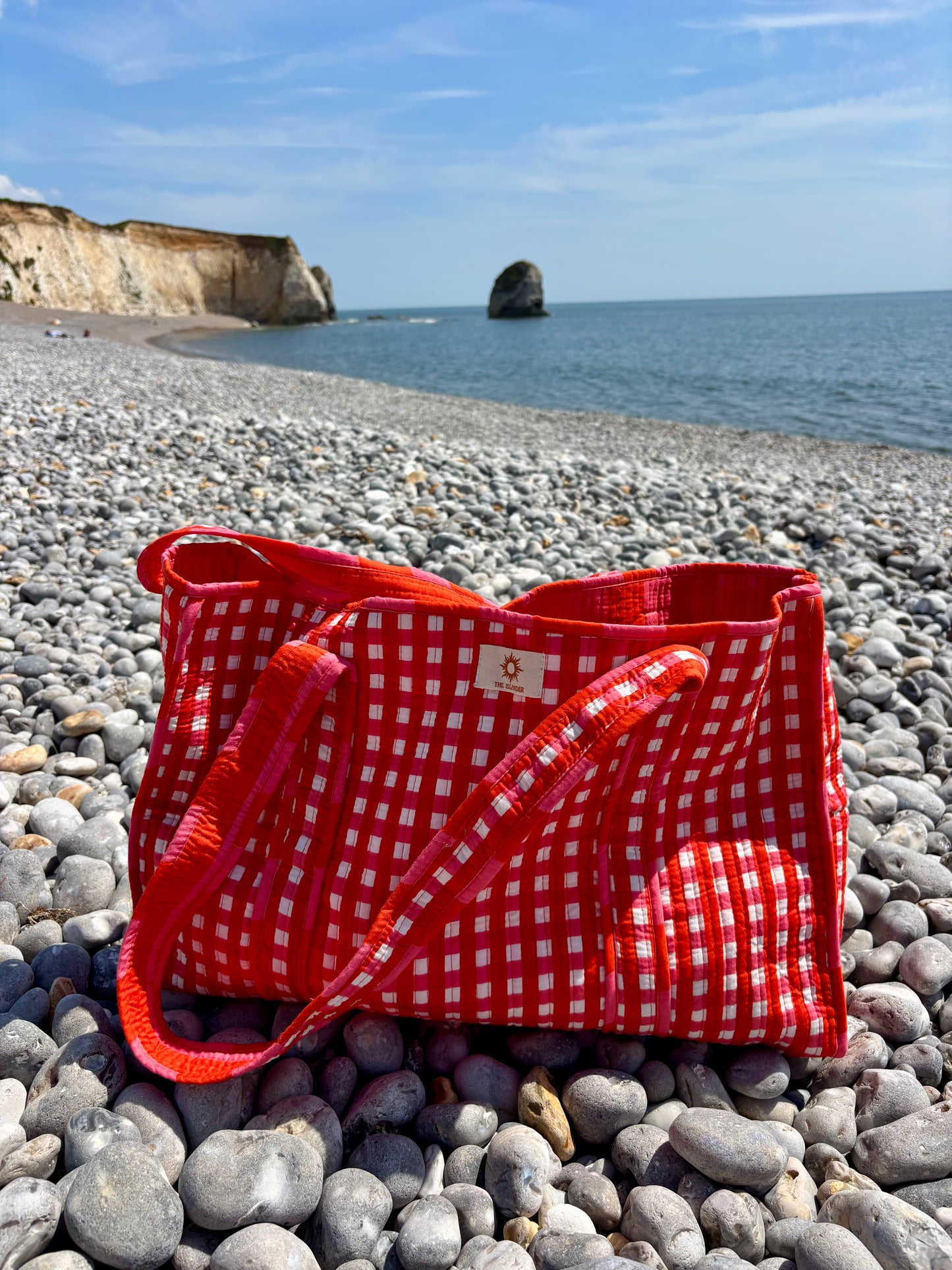 Coral Red Gingham Quilted Cotton Tote Bag & Mini Pouch