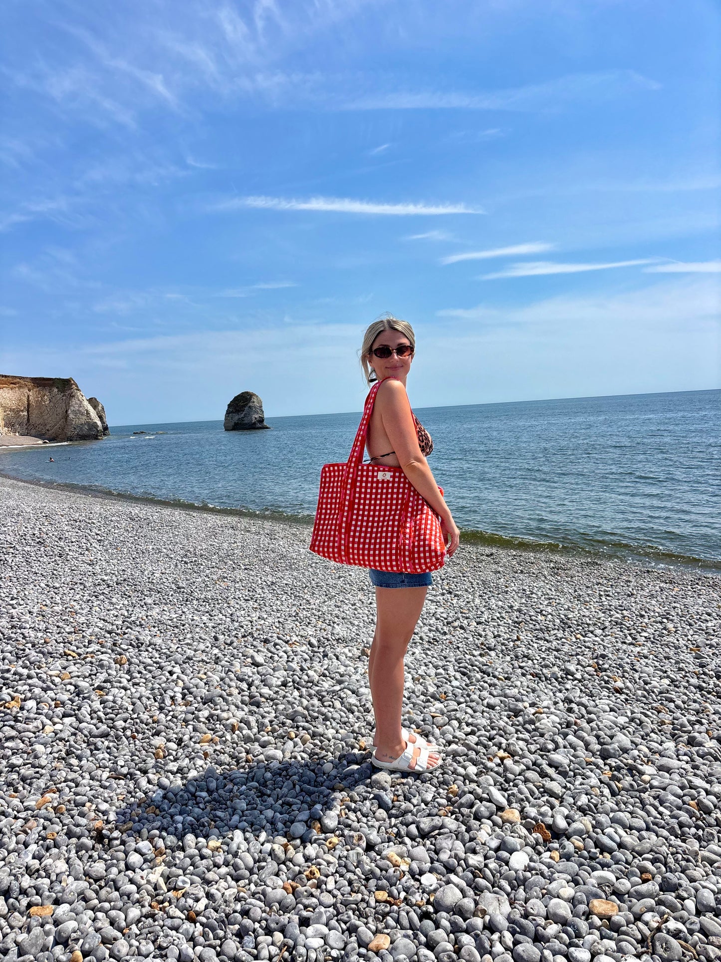 Coral Red Gingham Quilted Cotton Tote Bag & Mini Pouch