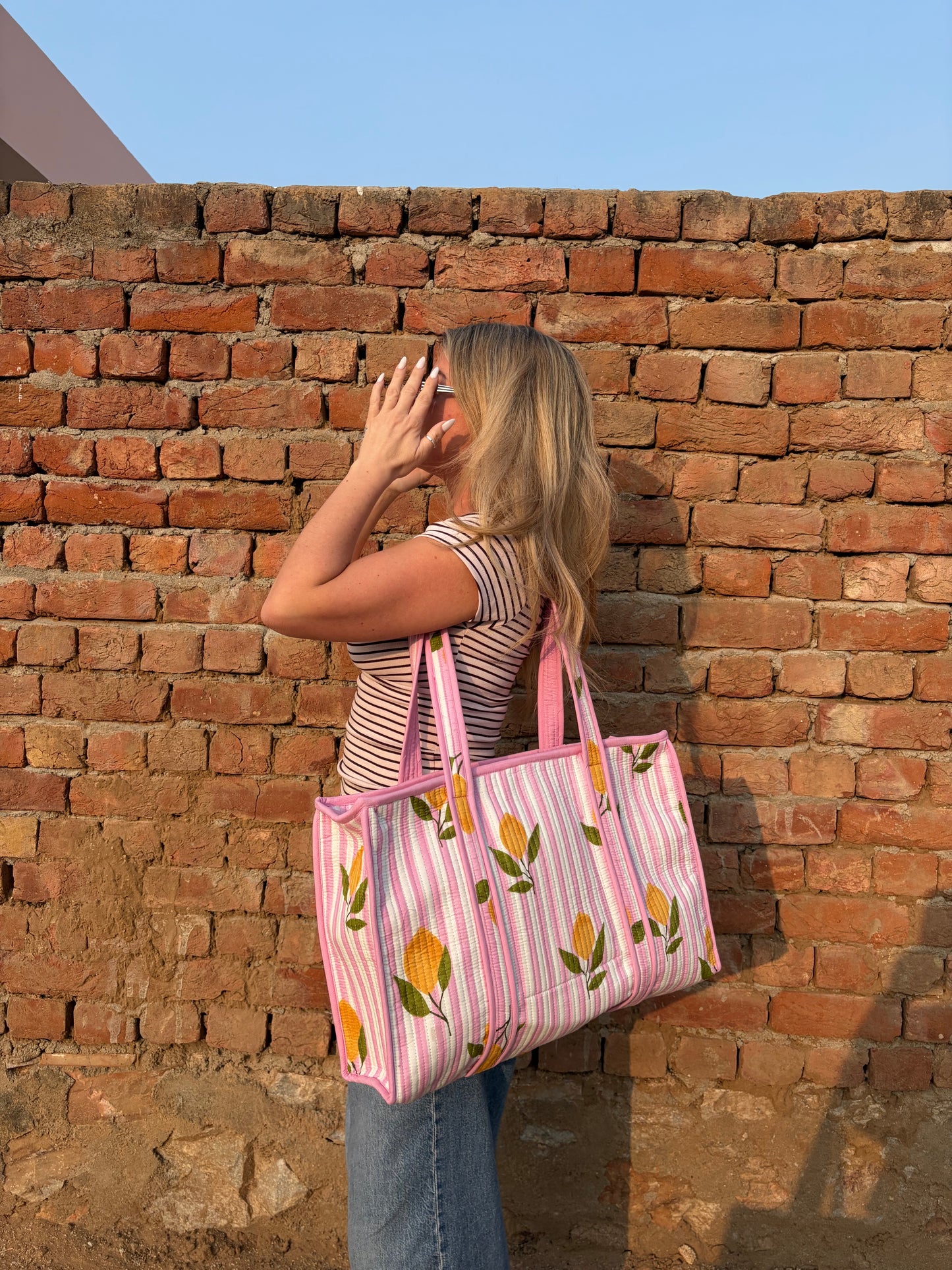 Pink Stripe Lemons Large Tote (Reversible & Zipped)