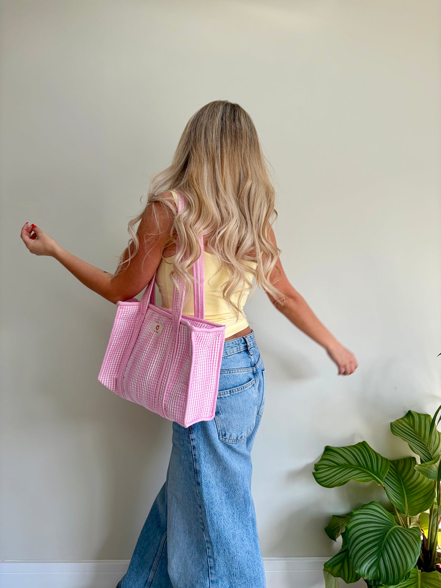 Baby Pink Gingham Midi Tote Bag