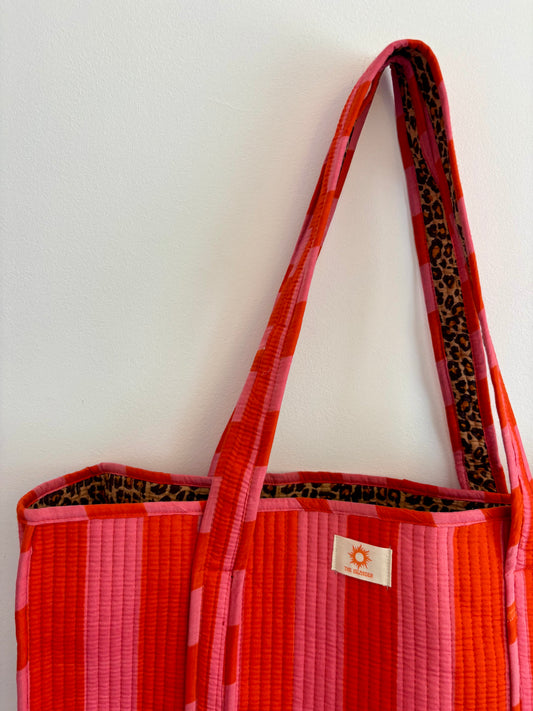 Coral Stripes & Leopard Print Reversible Tote