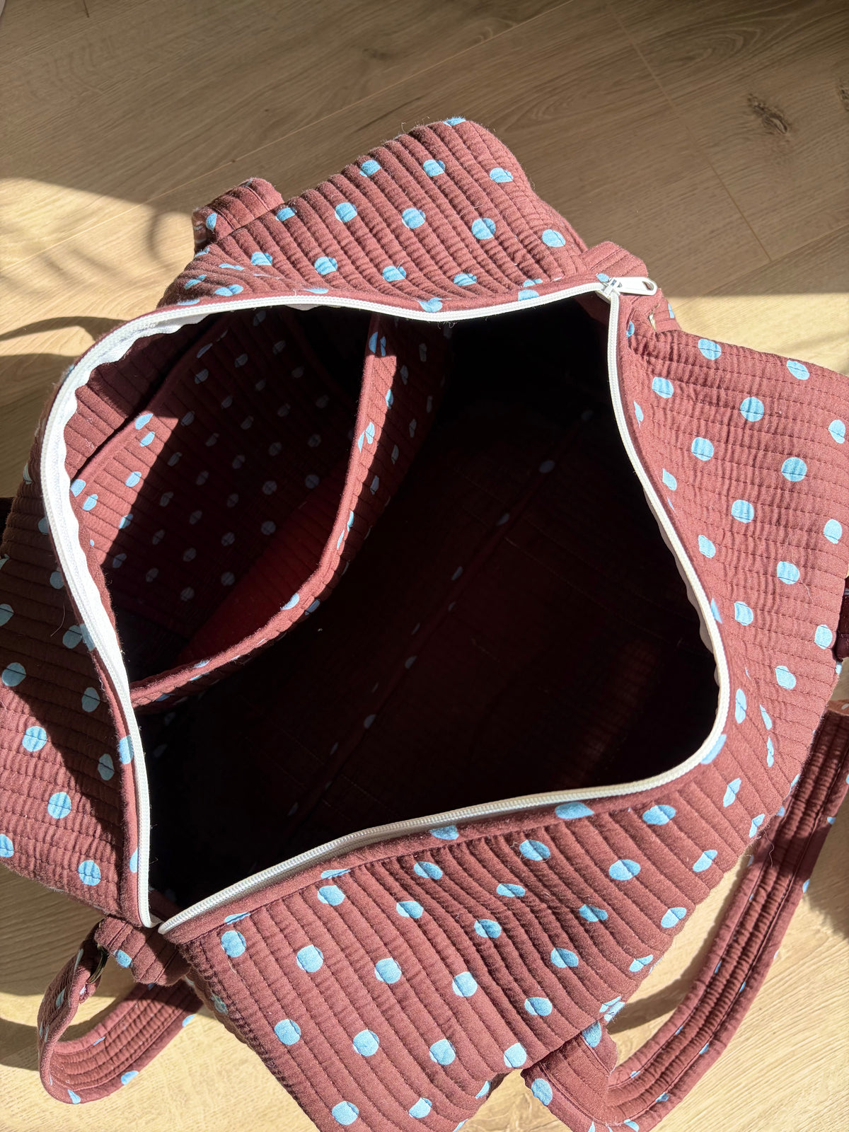 Brown & Blue Polka Duffle Travel Bag