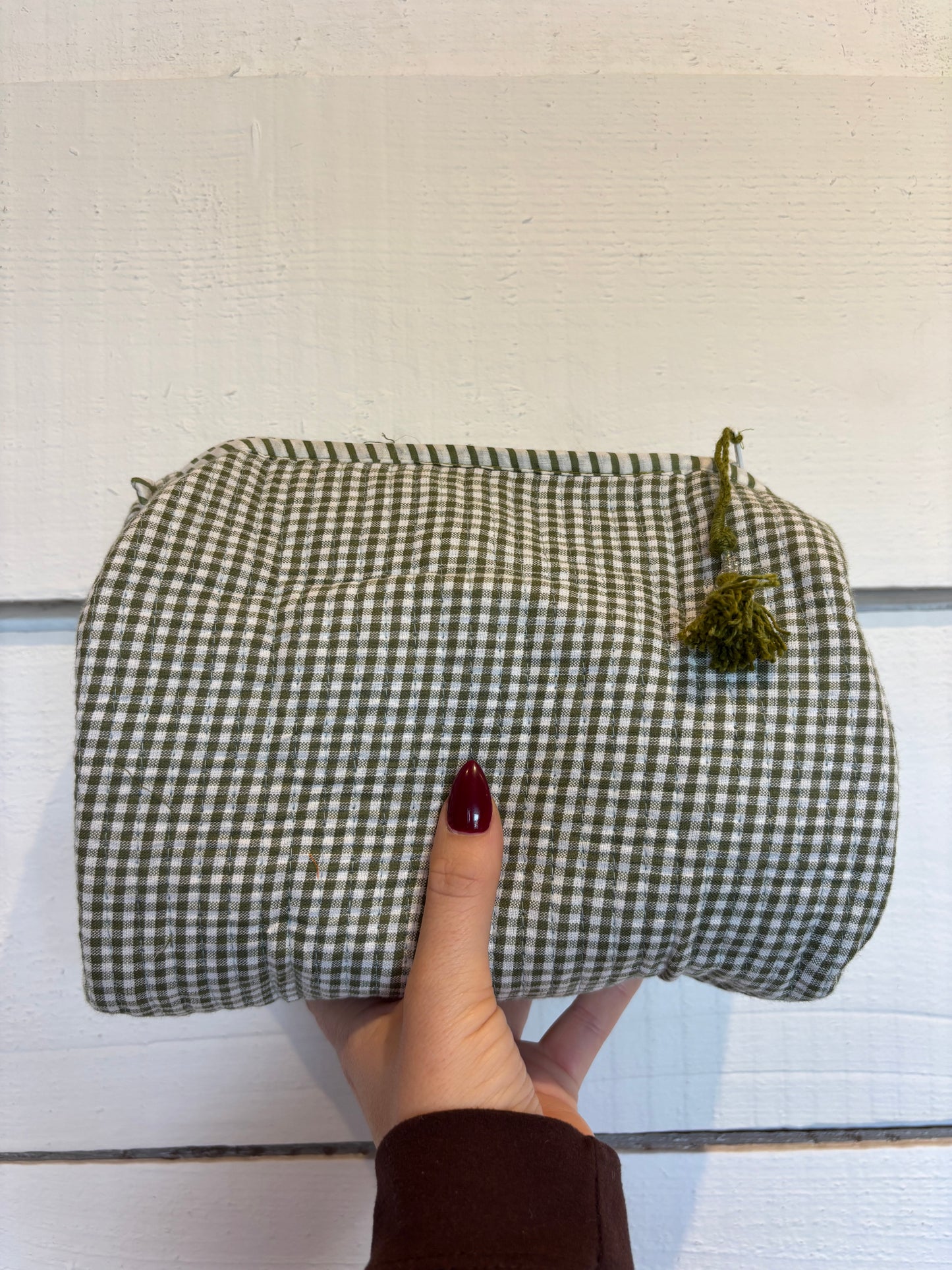 Green Gingham Zipped Large Tote Bag