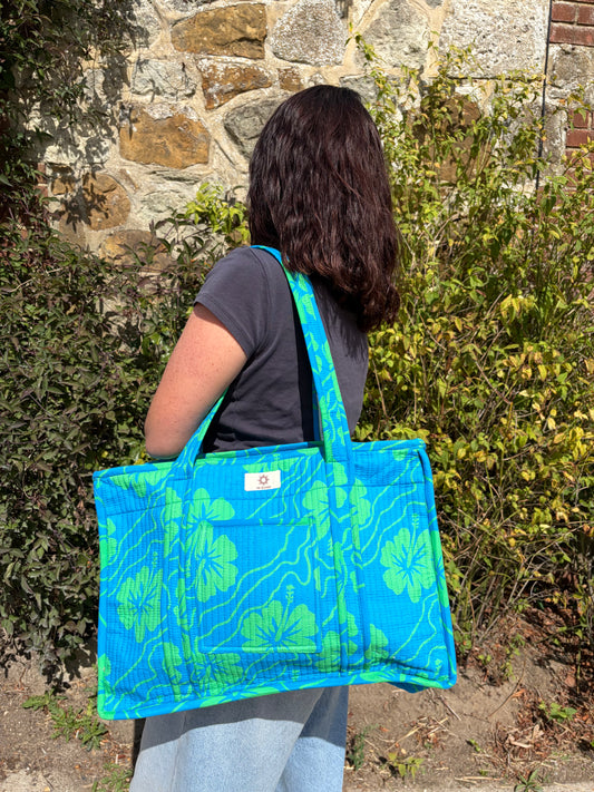 Blue Hibiscus Compartment Organiser Tote Bag