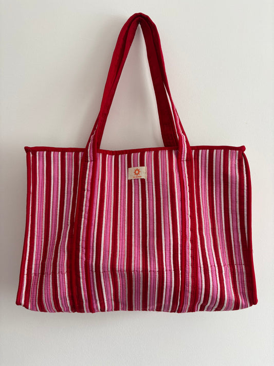 Pink & Red Stripe Zipped Tote Set