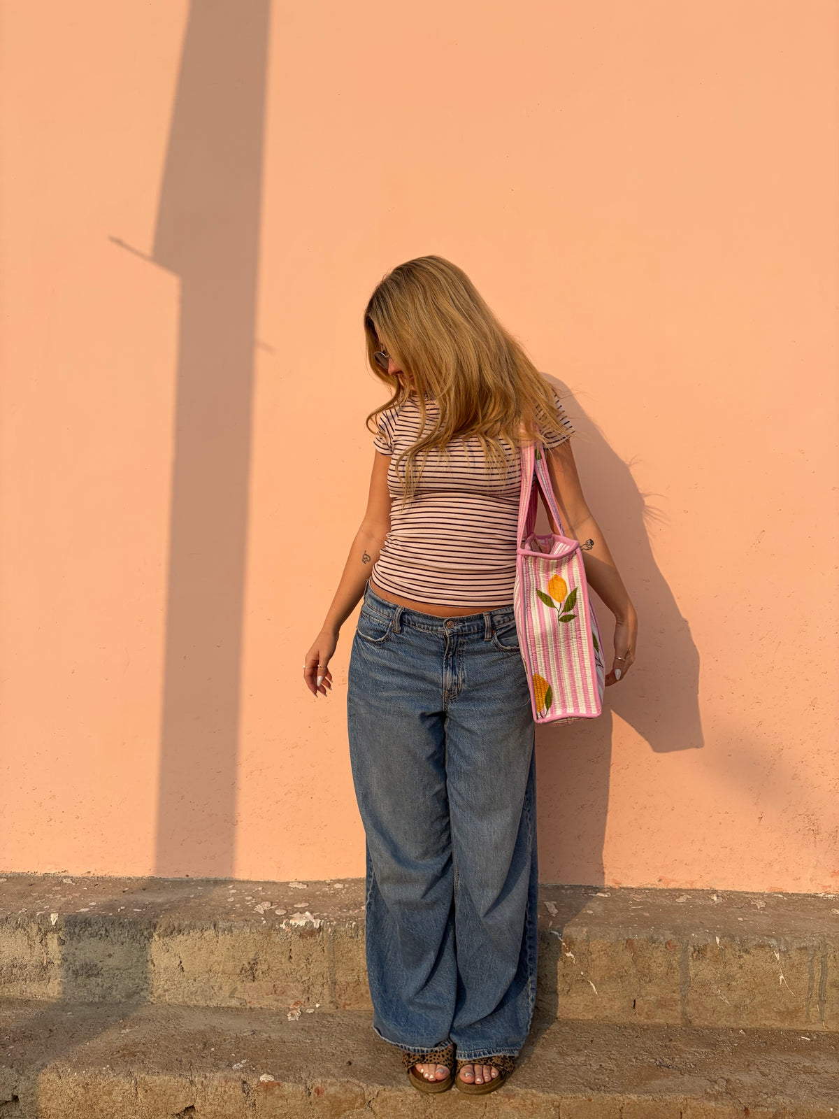Pink Stripe Lemons Large Tote