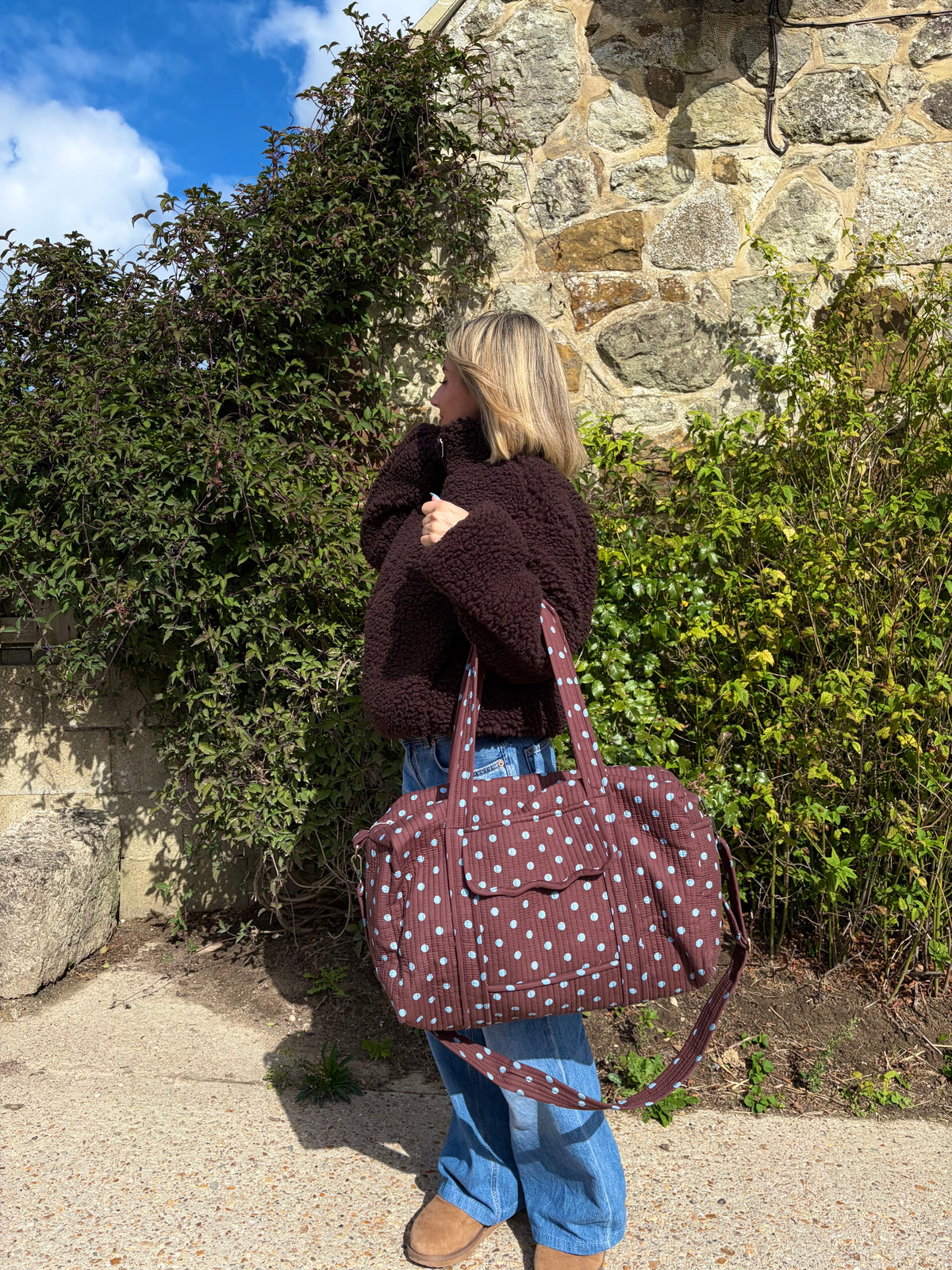 Brown & Blue Polka Duffle Travel Bag
