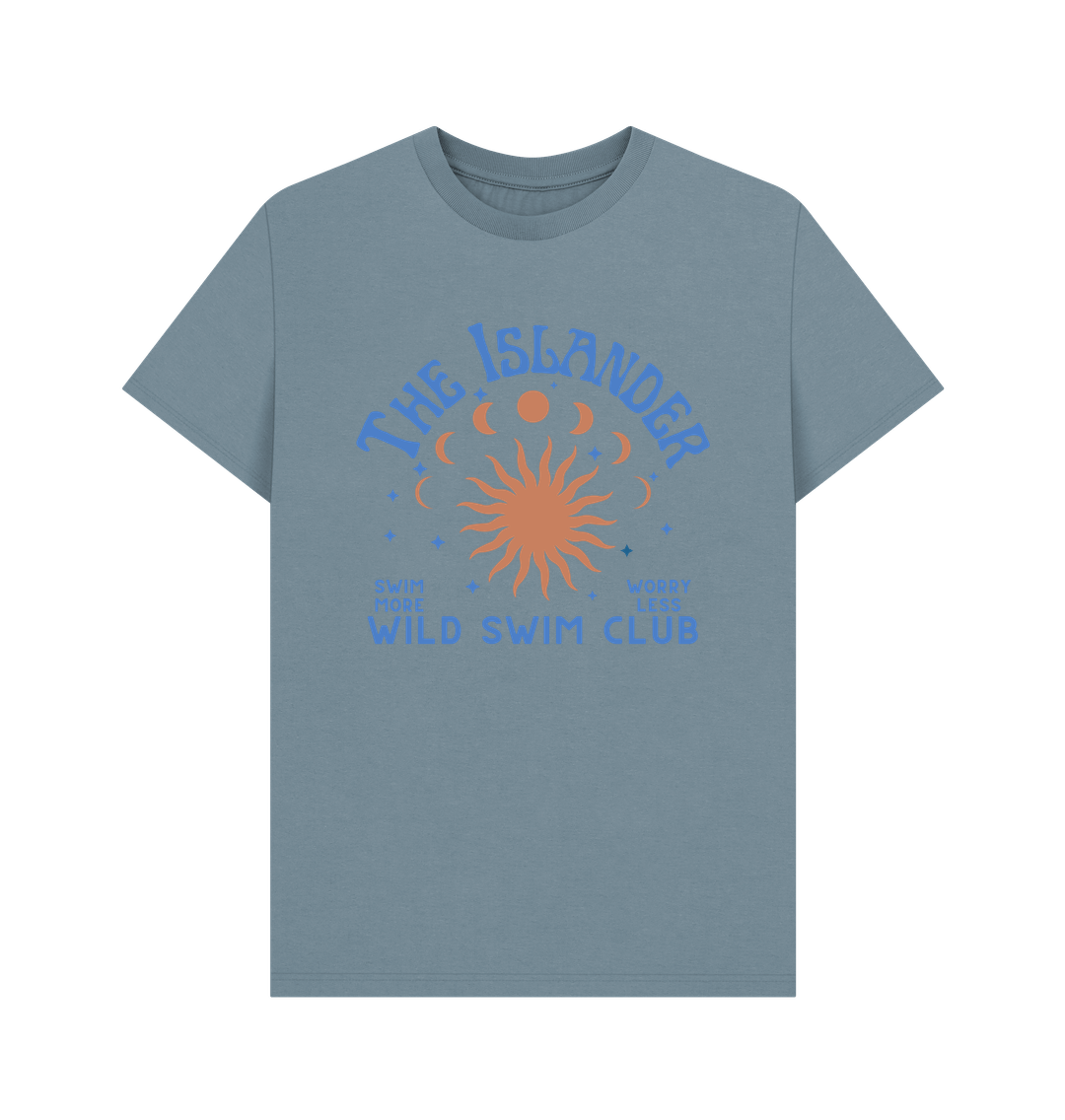 Stone Blue Wild Swim Club - Unisex T Shirt - Swim More\/Worry Less - Sun Moon and Stars