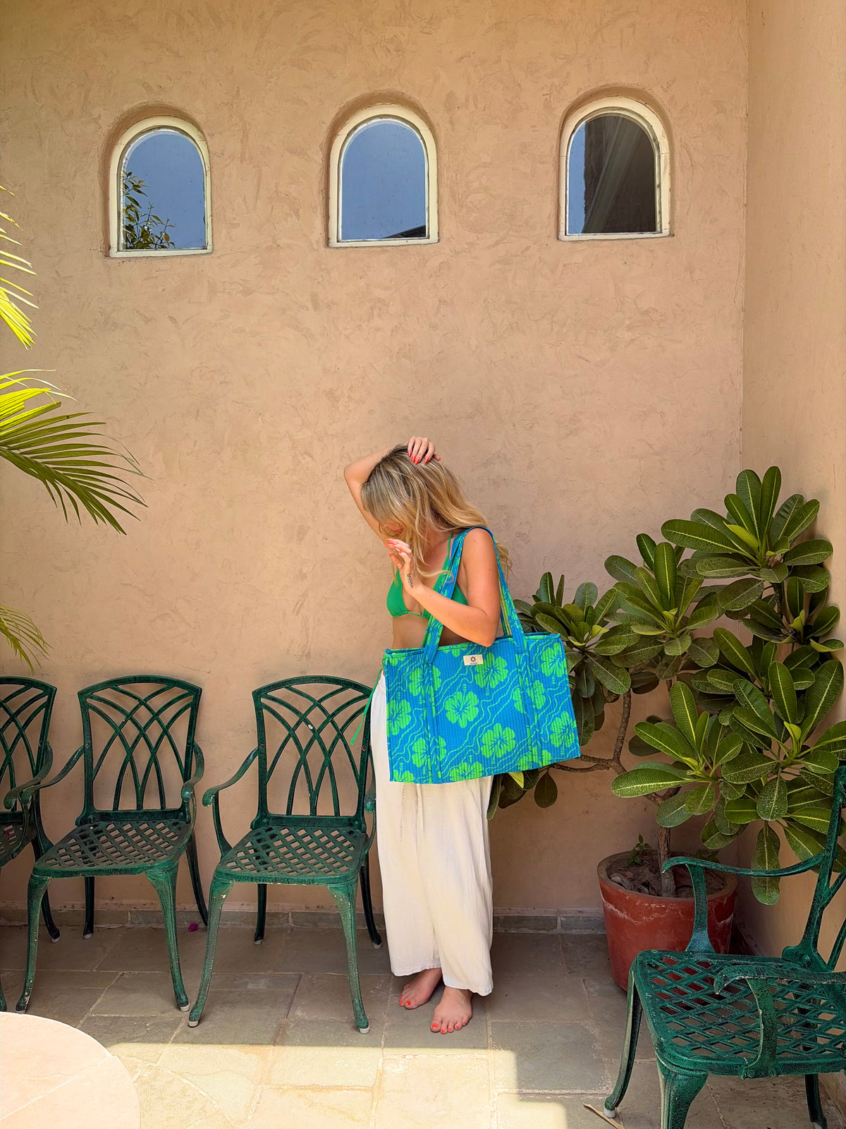 Blue & Green Hibiscus Large Tote Bag