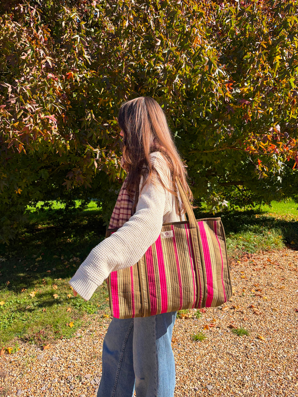 Olive Green Stripes Large Tote Bag