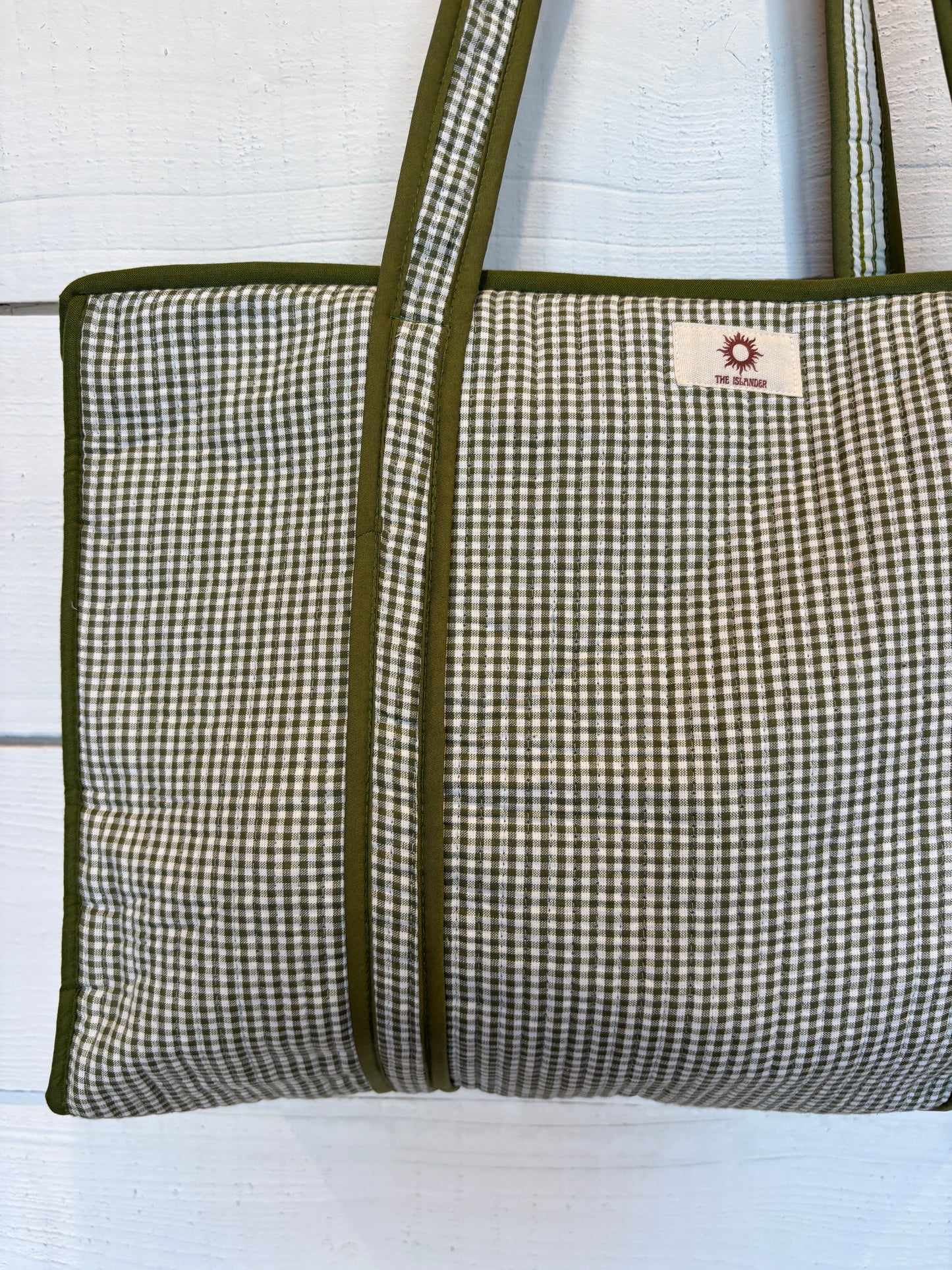 Green Gingham Zipped Large Tote Bag