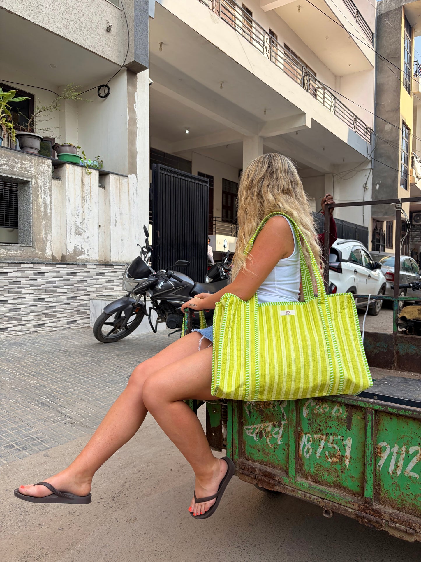 Lime Green Stripes Large Tote Bag