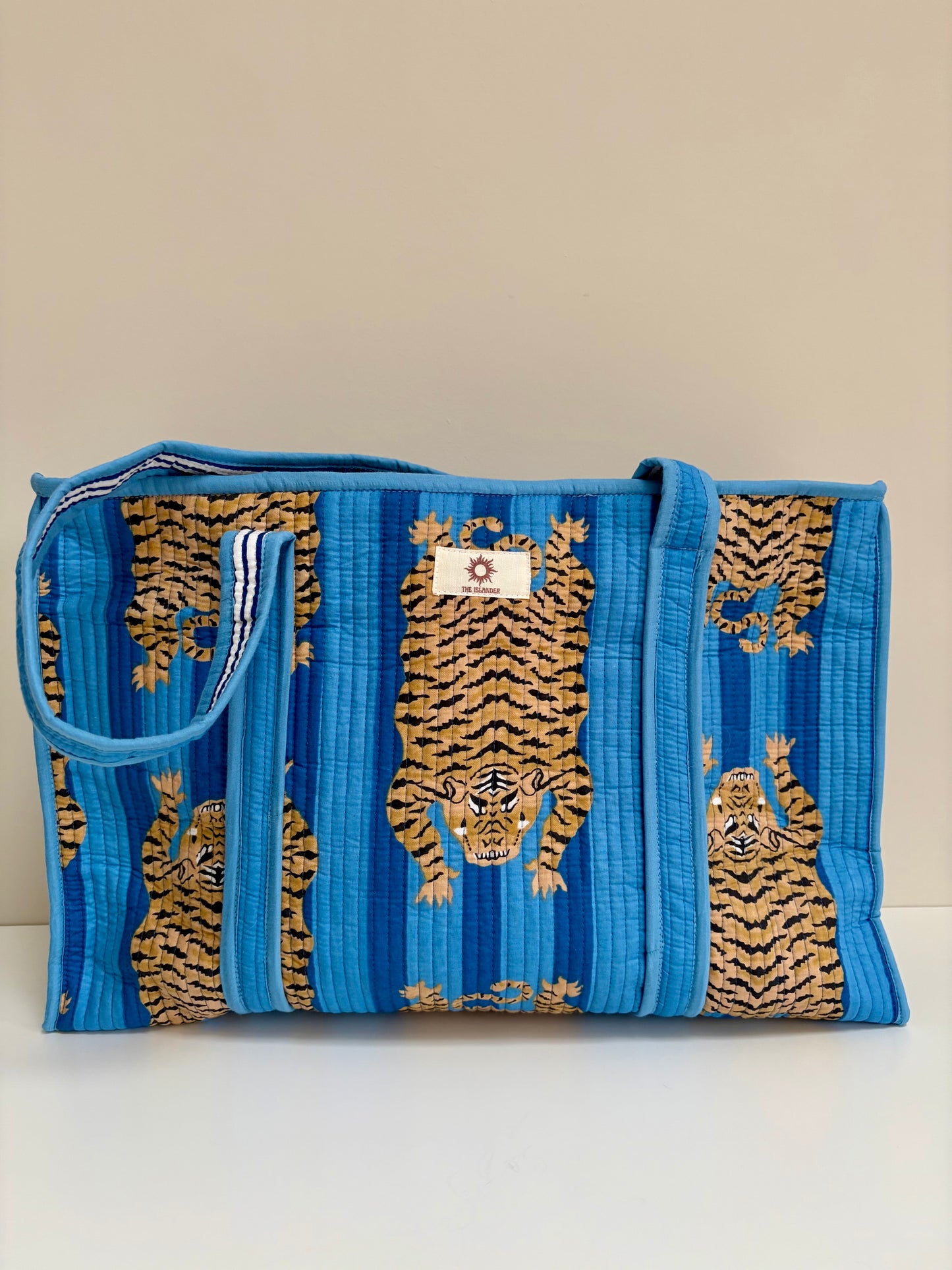 Blue Stripes Tiger Large Tote Bag