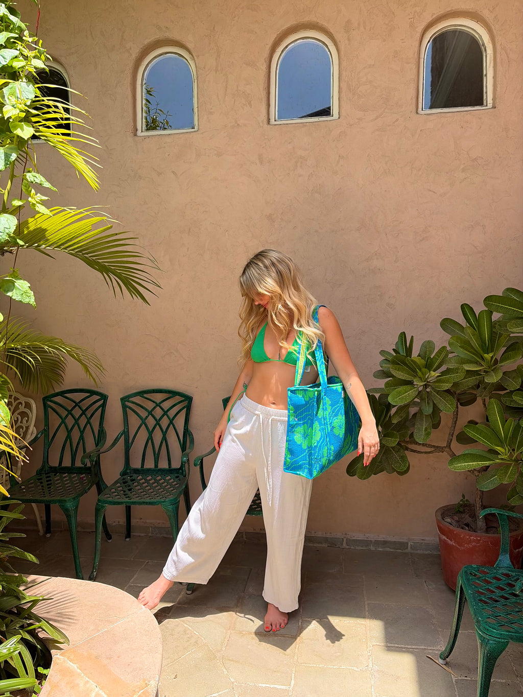 Blue & Green Hibiscus Large Tote Bag