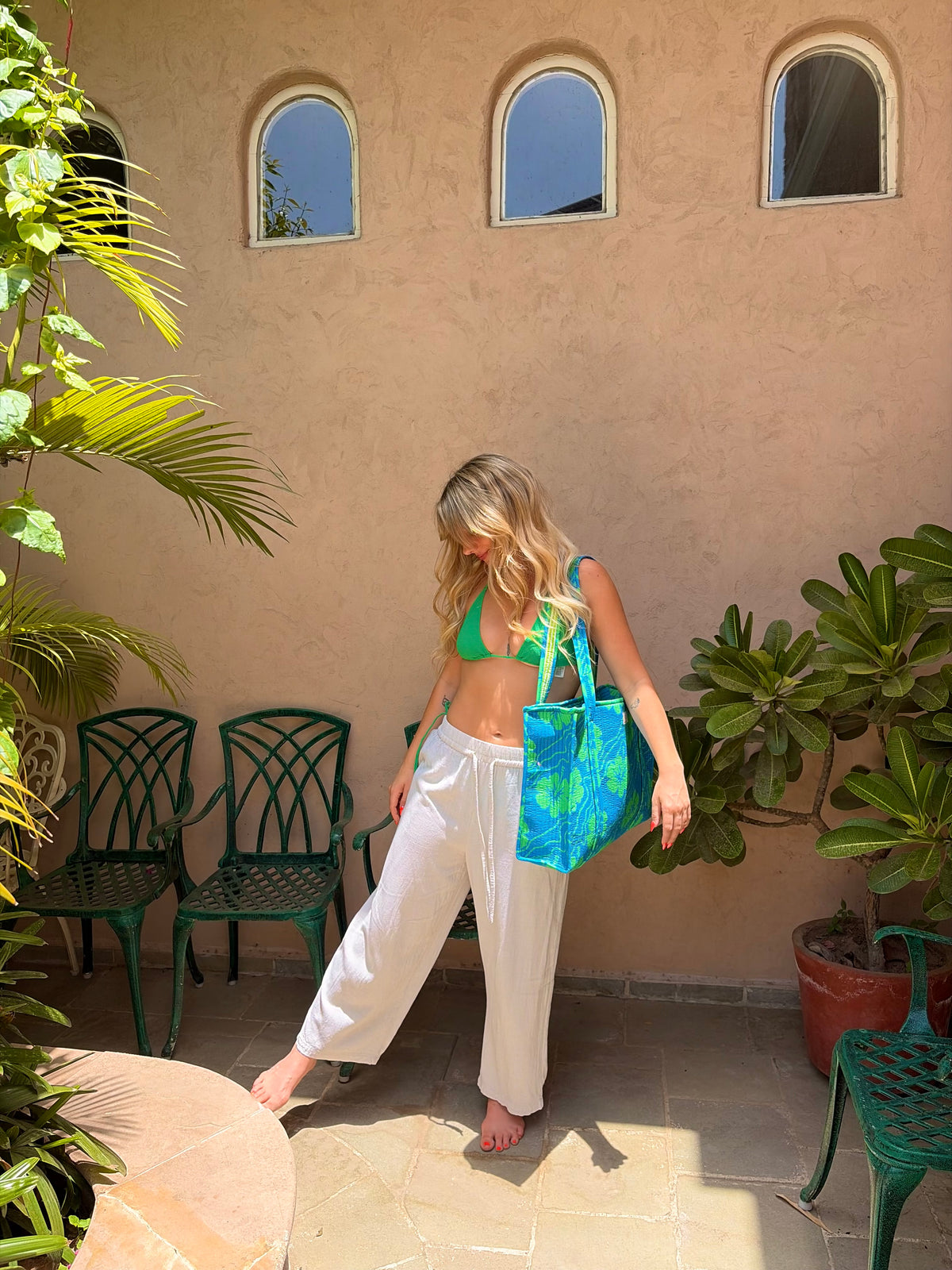 Blue & Green Hibiscus Large Tote Bag