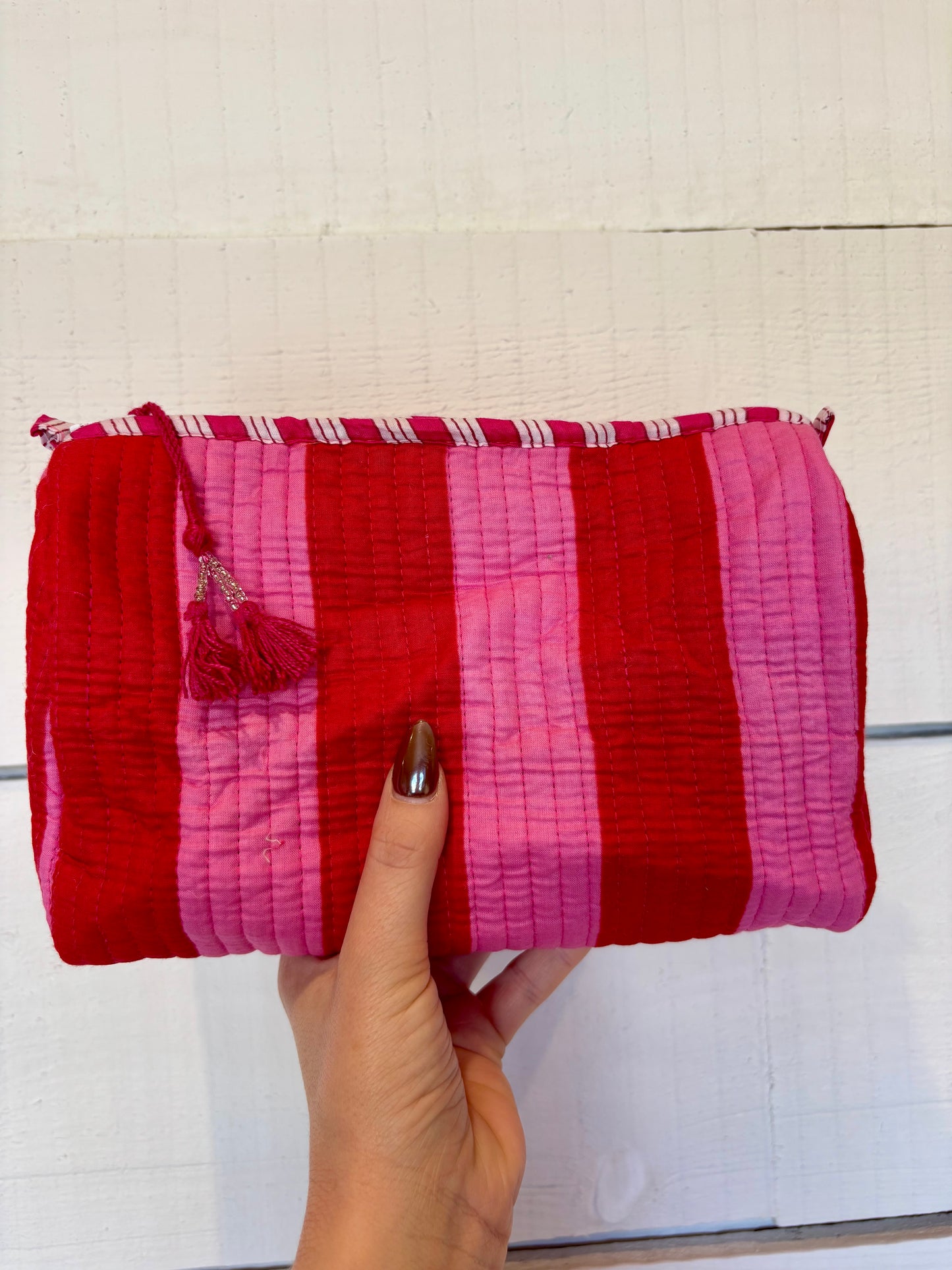 Pink & Red Stripe Large Zipped Tote Bag