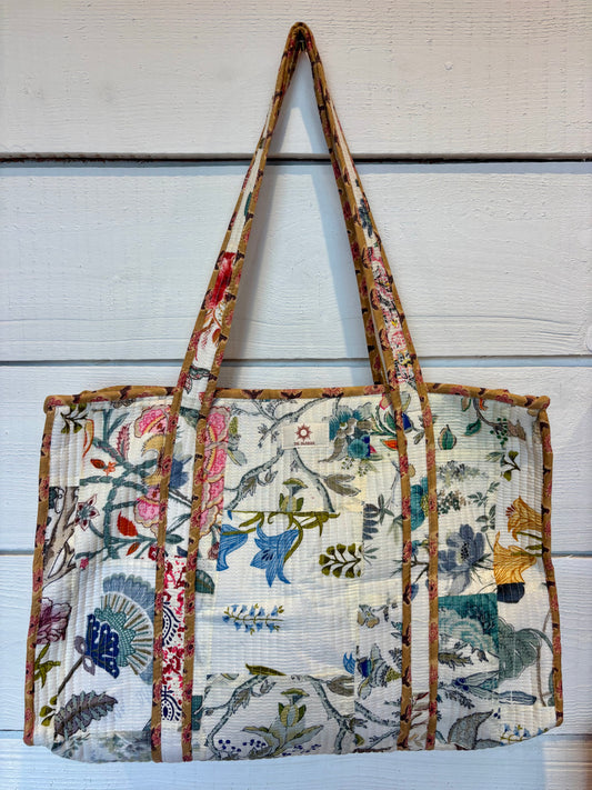 Cream Patchwork Quilted Zipped Tote Bag