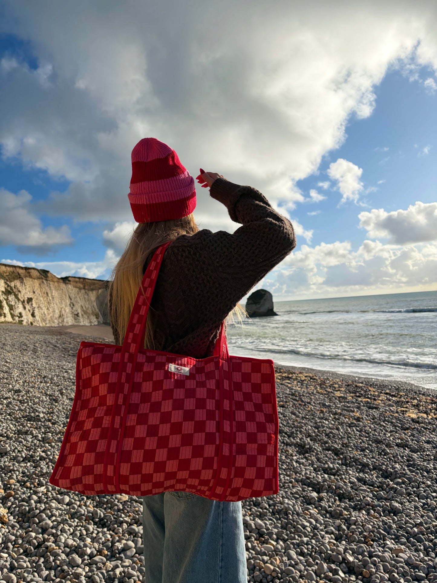 Pink & Red Checkerboard Large Tote