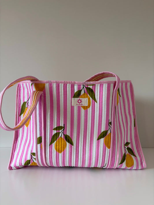 Pink Stripe Lemons Large Tote (Reversible & Zipped)
