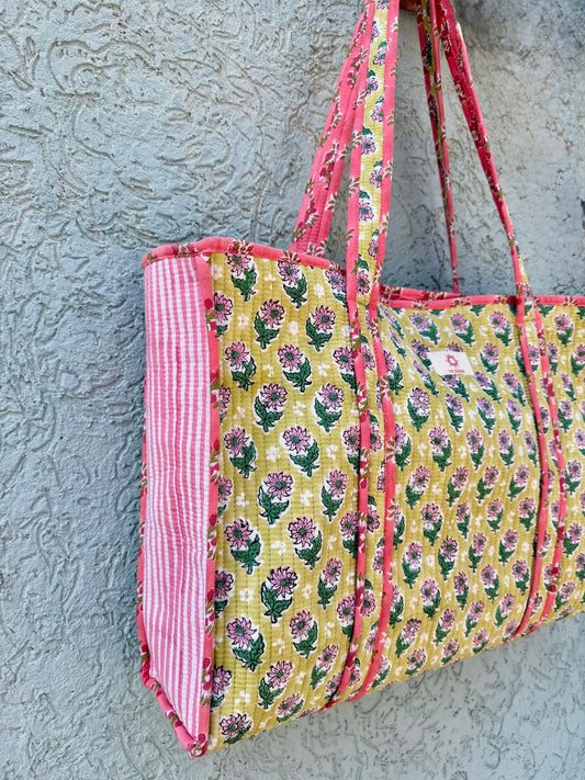 Green, Pink & Stripes Block Print Large Tote (Reversible or Zipped)