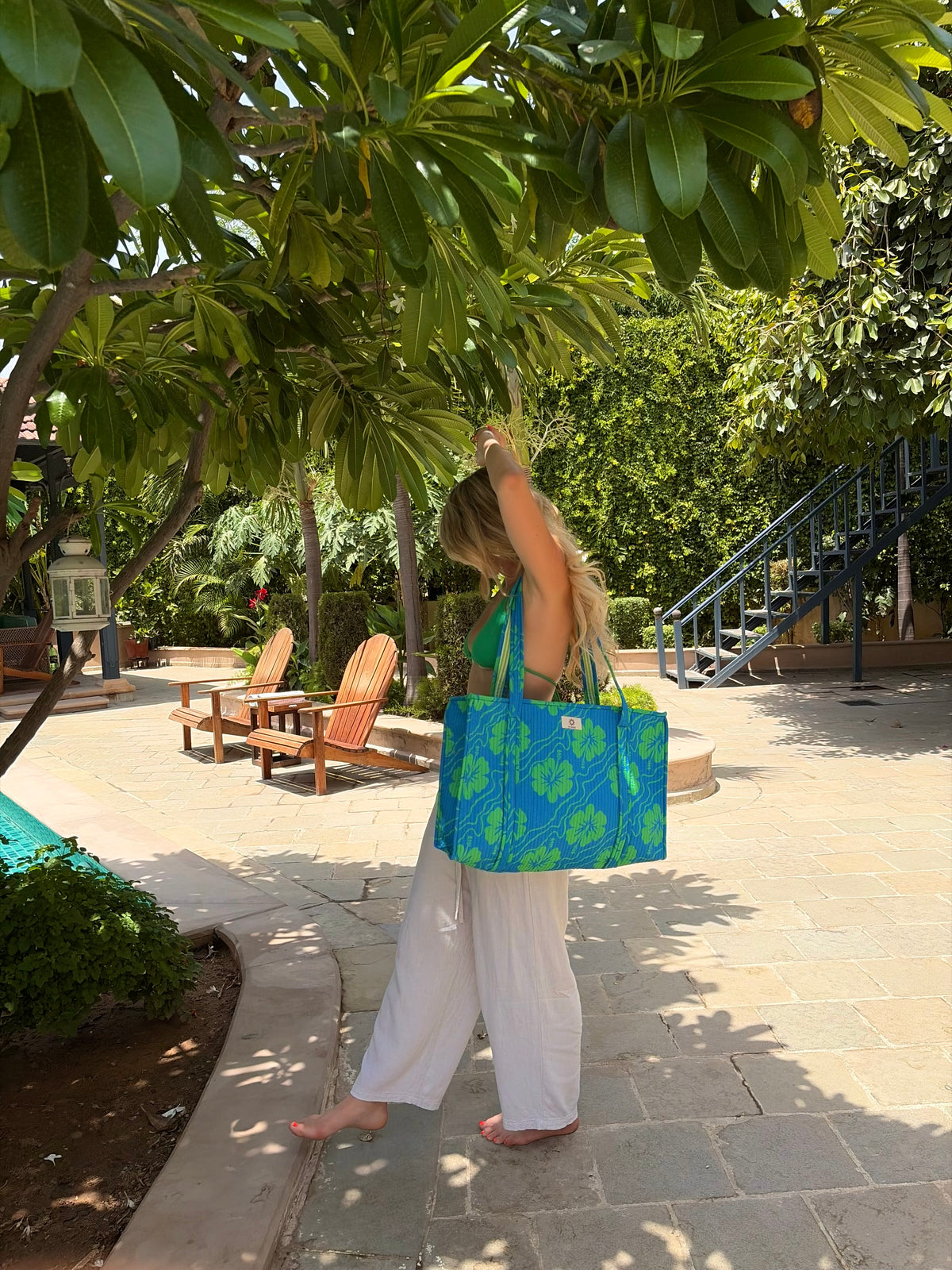 Blue & Green Hibiscus Large Tote Bag
