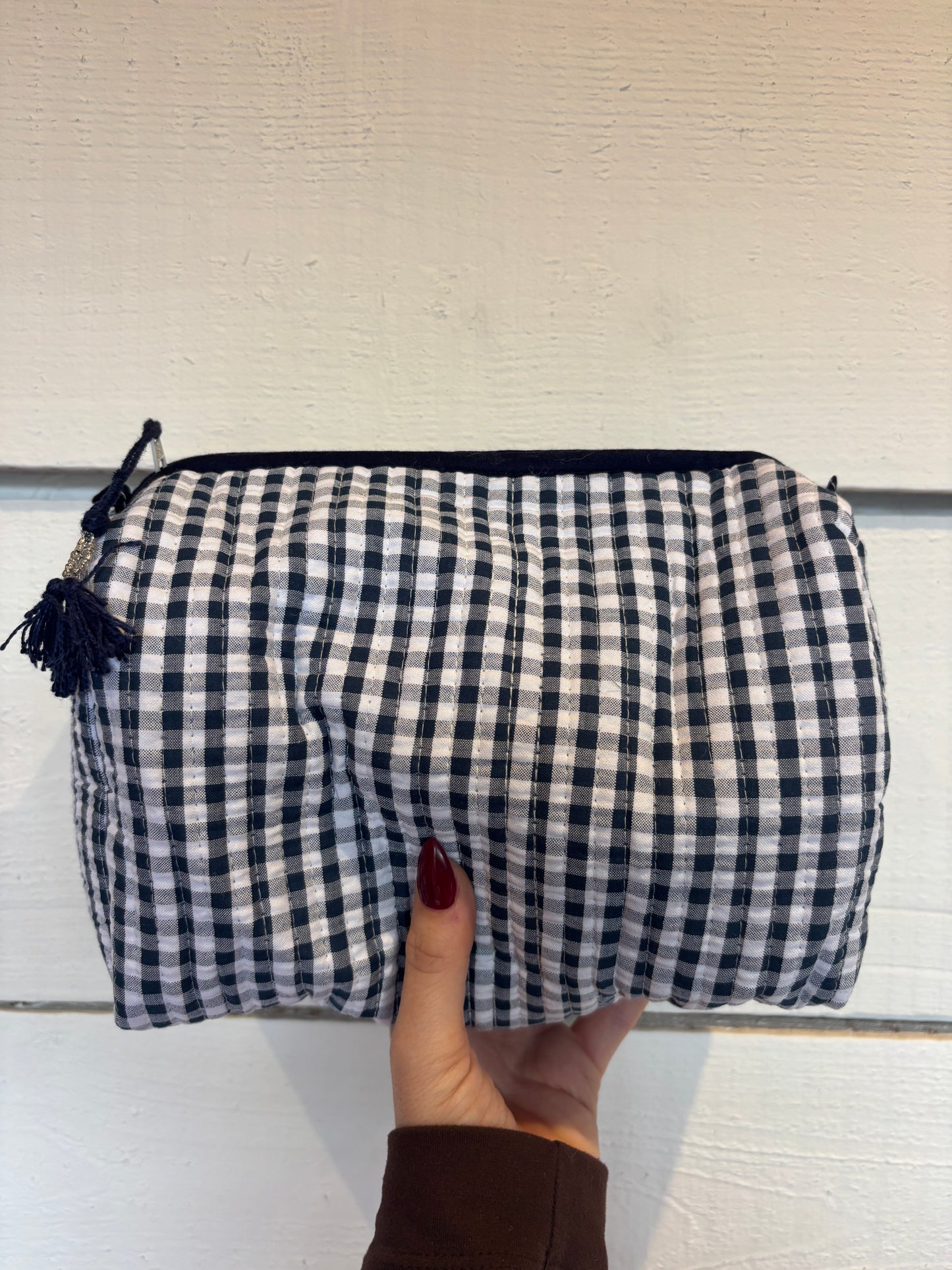Navy Gingham Zipped Large Tote Bag