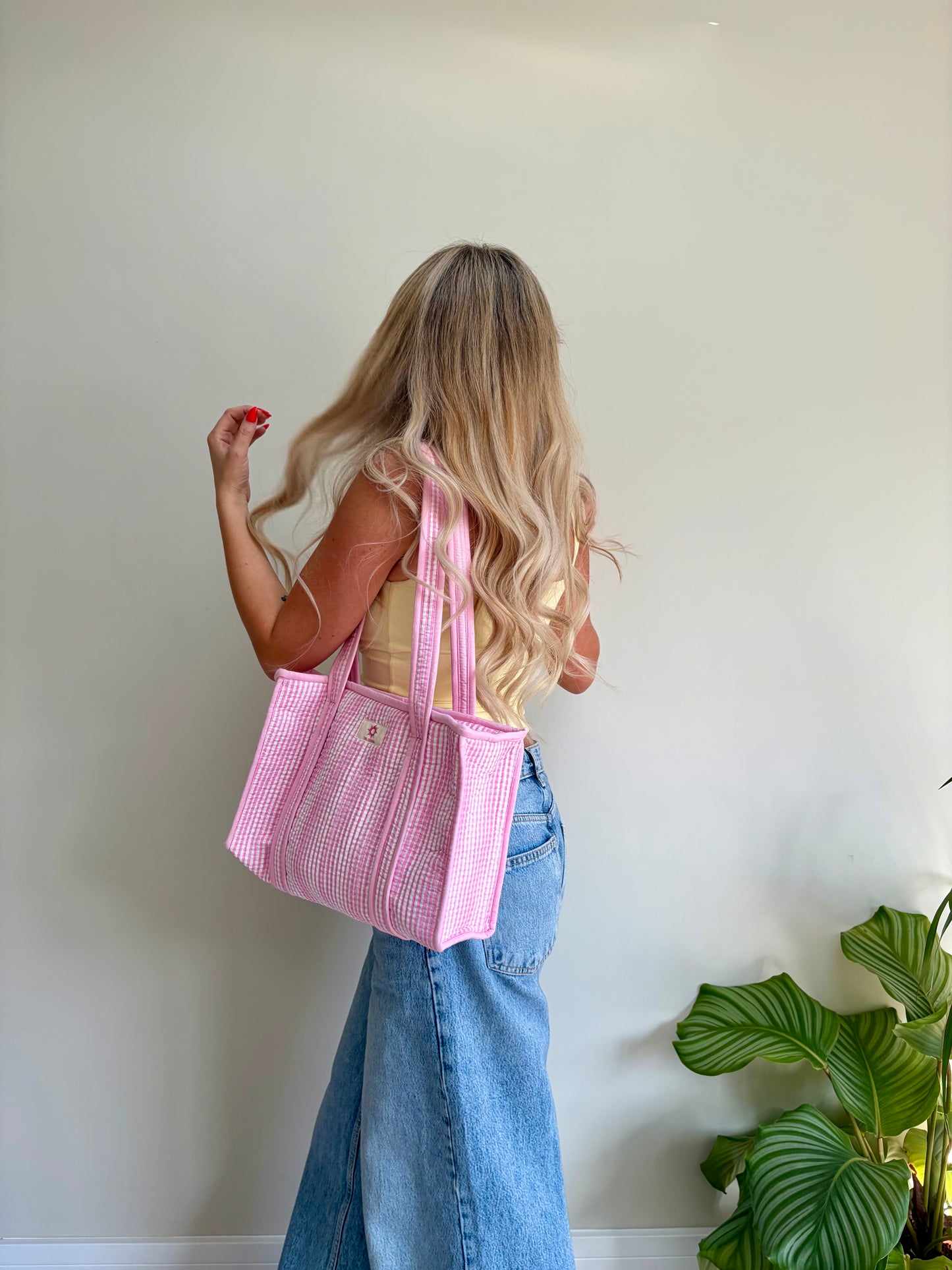 Baby Pink Gingham Midi Tote Bag