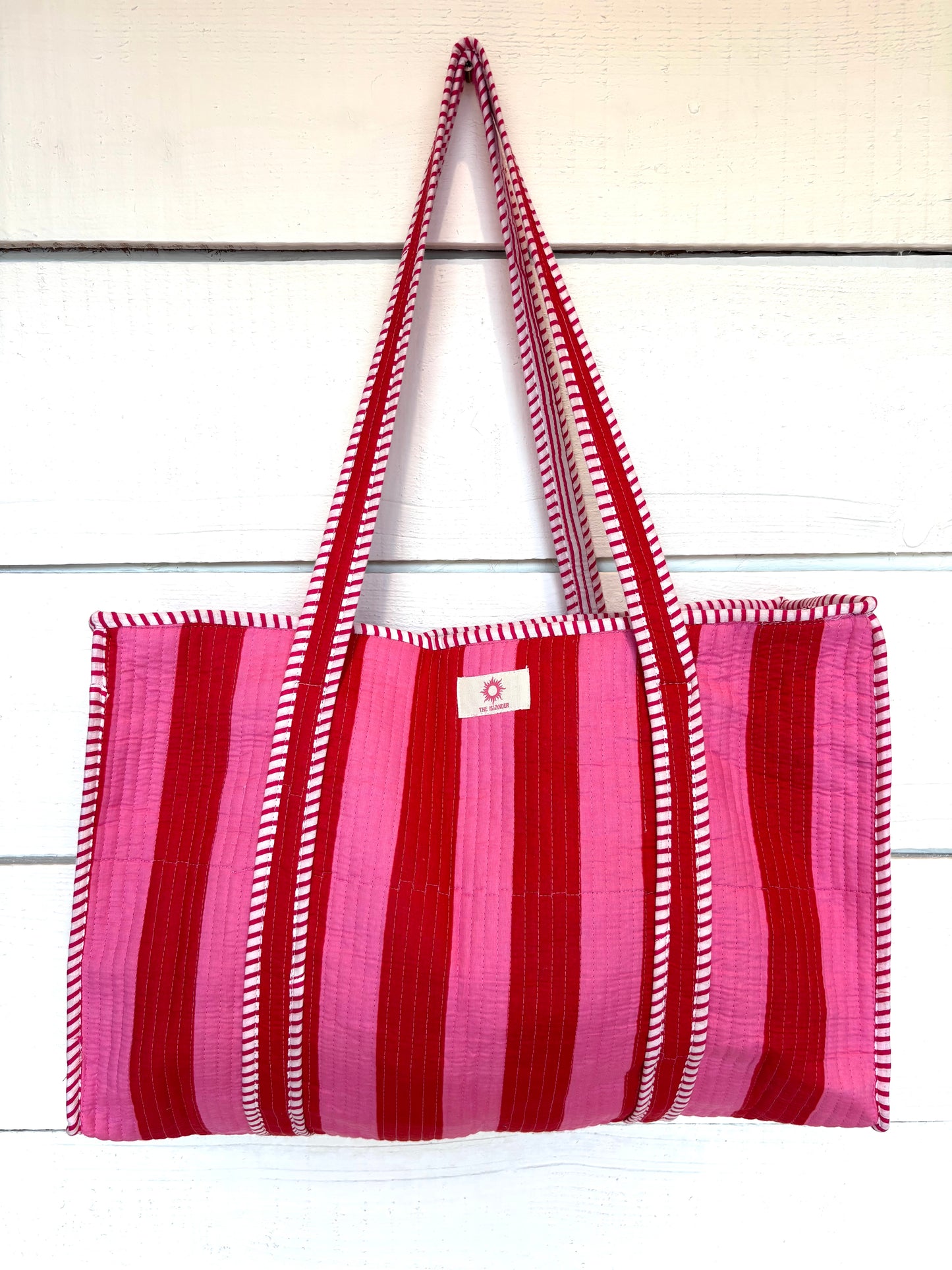 Pink & Red Stripe Large Zipped Tote Bag