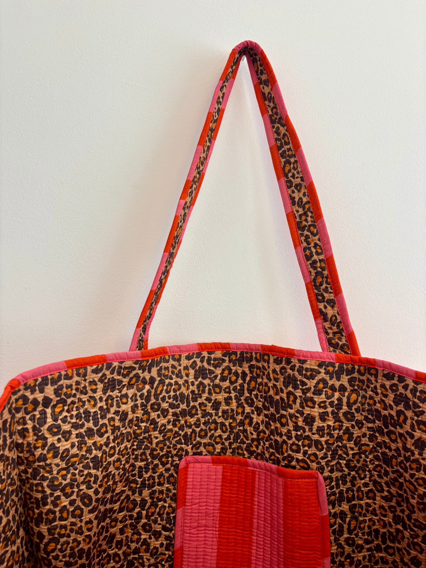 Coral Stripes & Leopard Print Reversible Tote